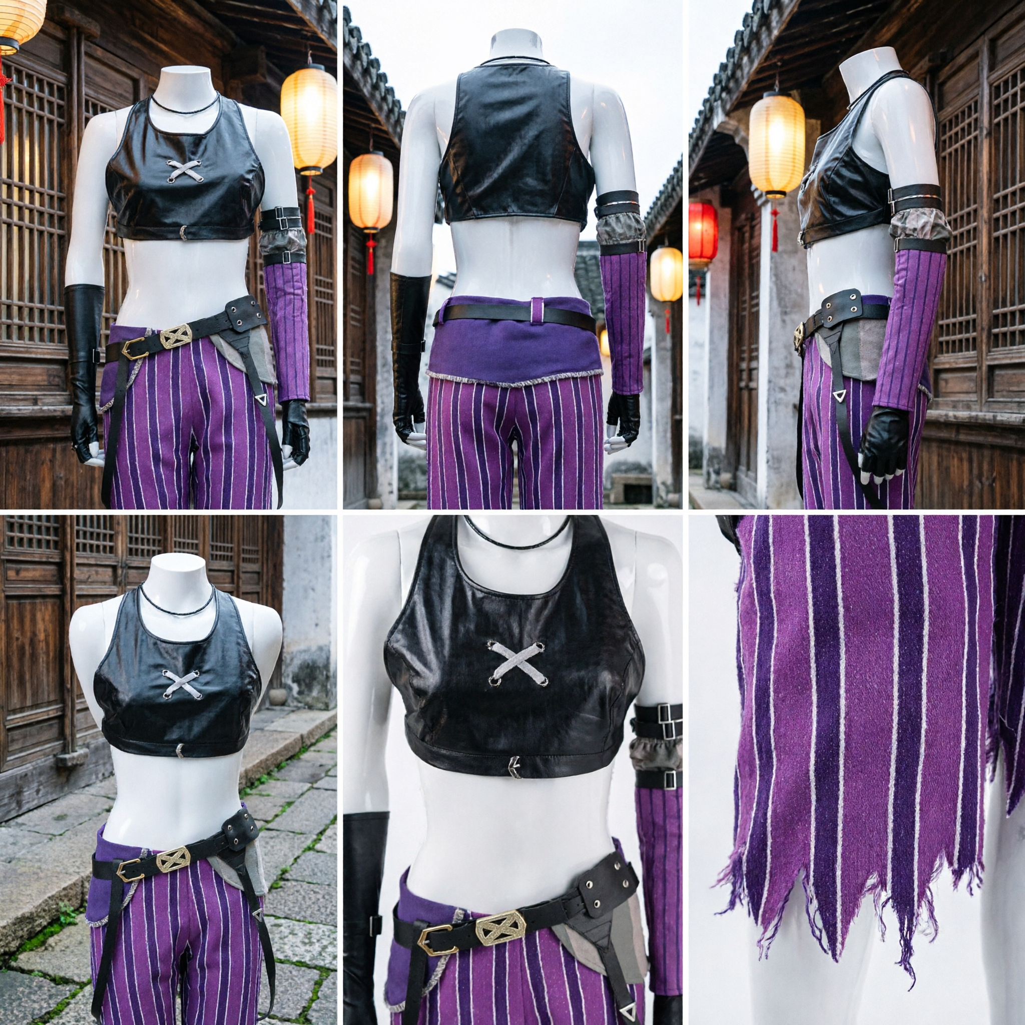 Traje de Cosplay de Jinx de League of Legends para Mujeres Pantalones a Rayas Púrpuras y Top Negro sin Mangas Atuendo para Fiesta de Halloween - Asian Costume