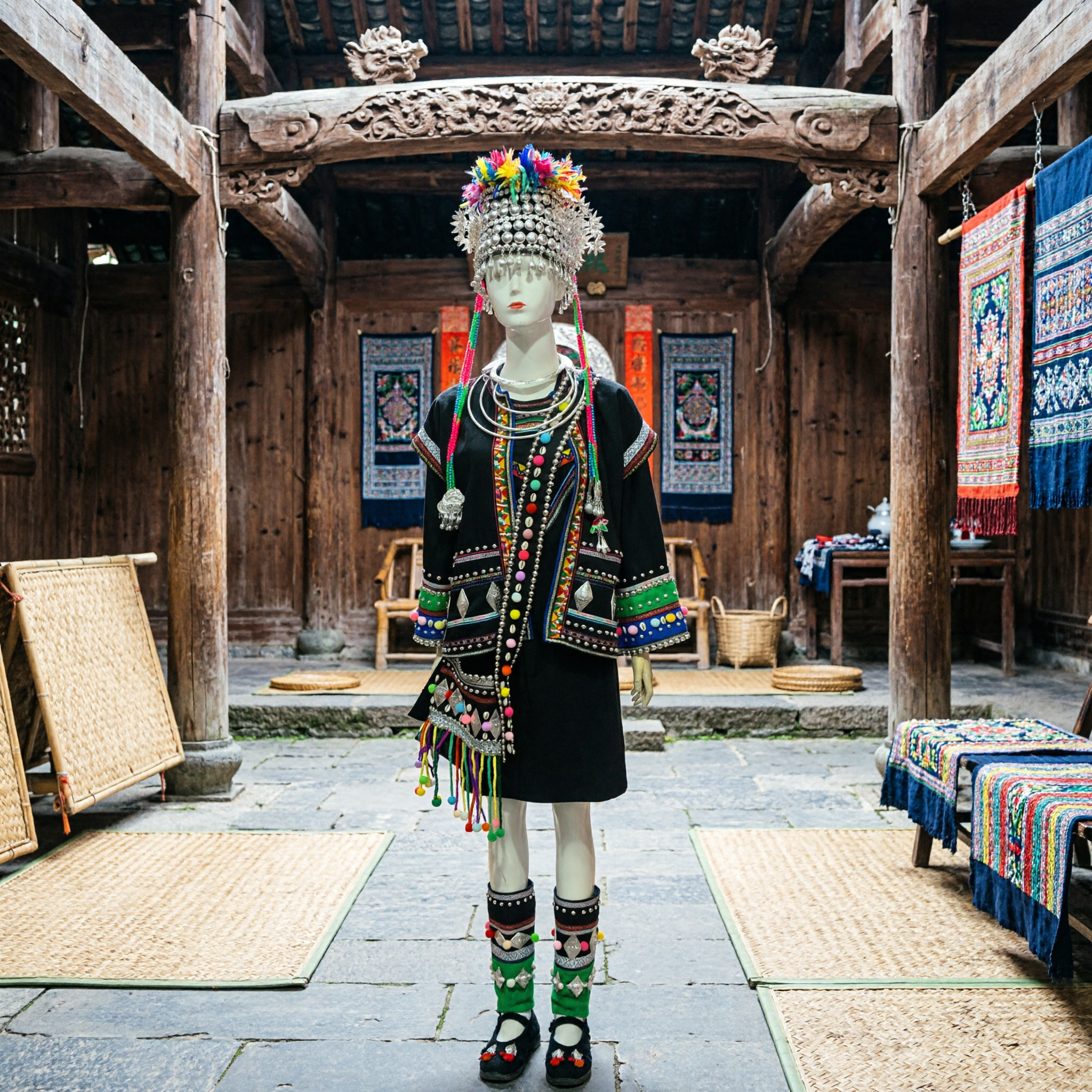 伝統中国少数民族民俗舞踊衣装 銀製ヘッドドレス・装飾品完全セット 女性用 - Asian Costume