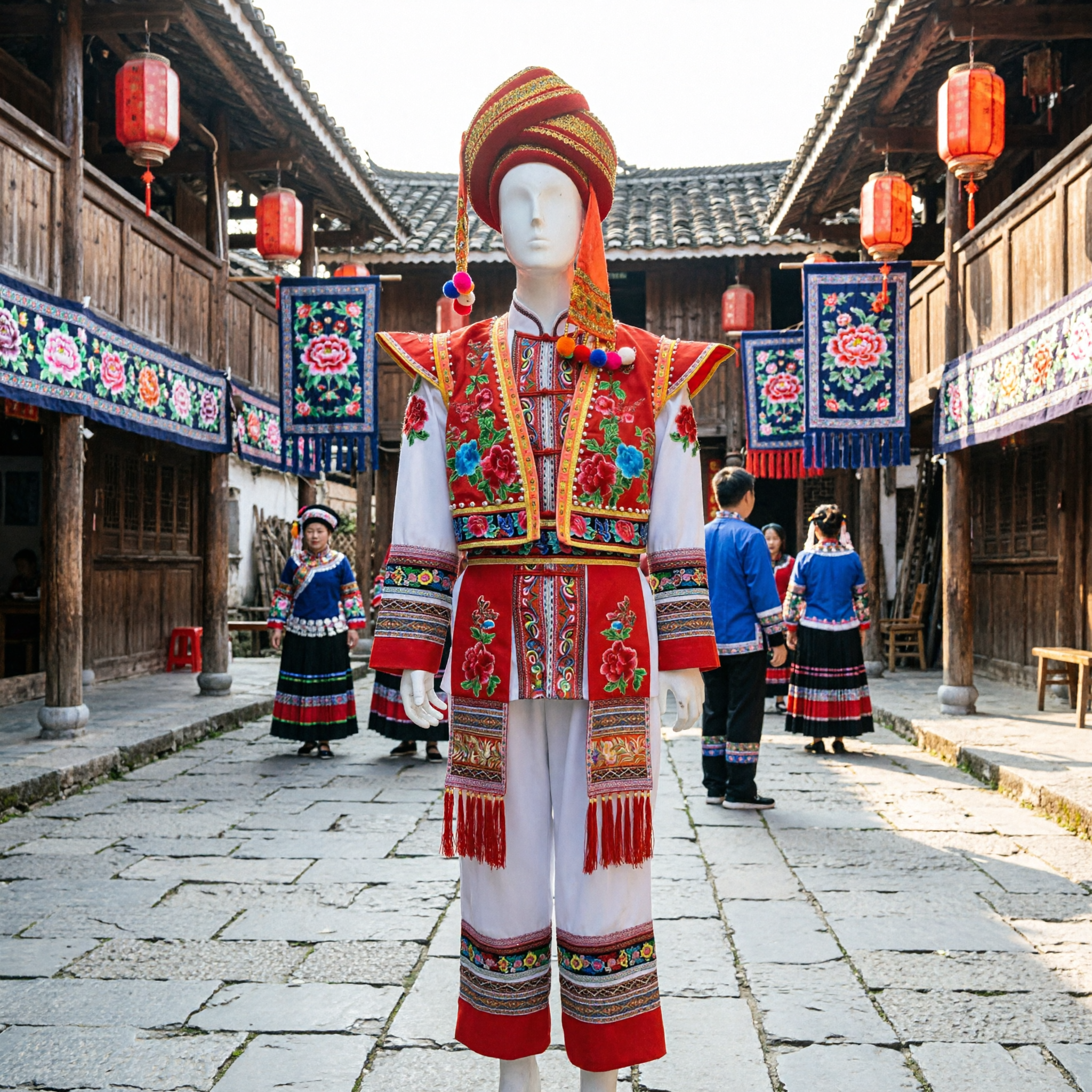 Traditional Chinese Ethnic Minority Folk Dance Costume Red Floral Embroidered Jacket and Pants Set for Stage Performance - Asian Costume