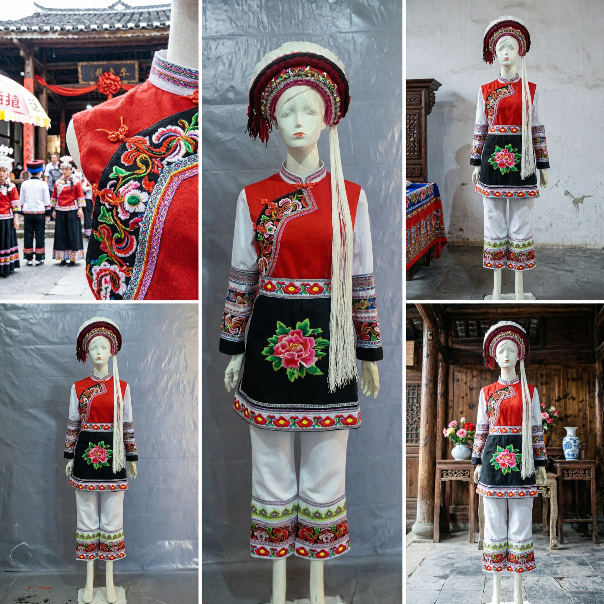 Traditionelles chinesisches Bai-Volk Minderheiten ethnisches Kostüm, Frauen Volkstanz Bühnenaufführungsoutfit mit bestickter Weste und Hut - Asian Costume