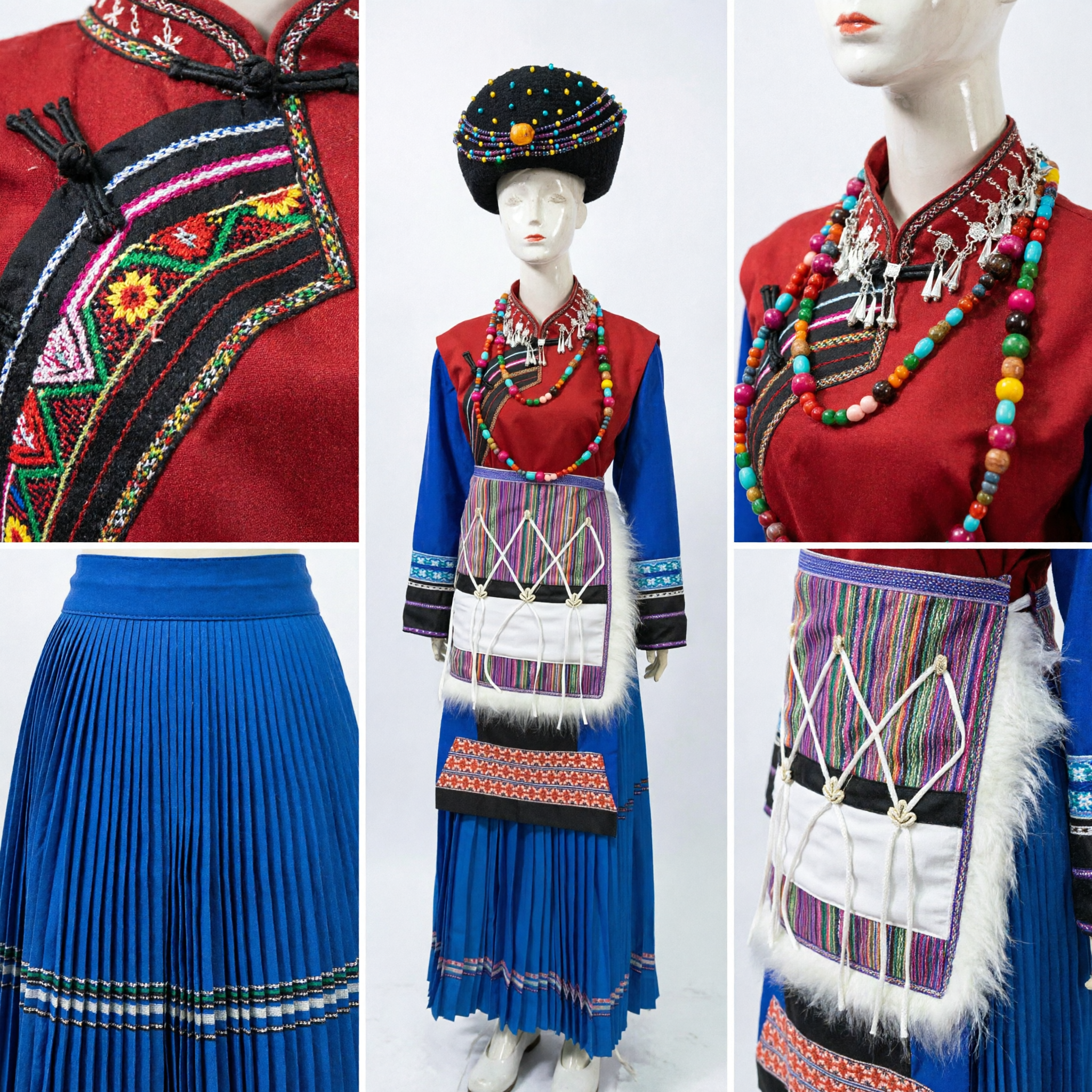 Traditionelles chinesisches ethnisches Minderheitenkostüm, Frauen Volkstanz-Outfit Komplettset mit Perlenhut und Schürze - Asian Costume