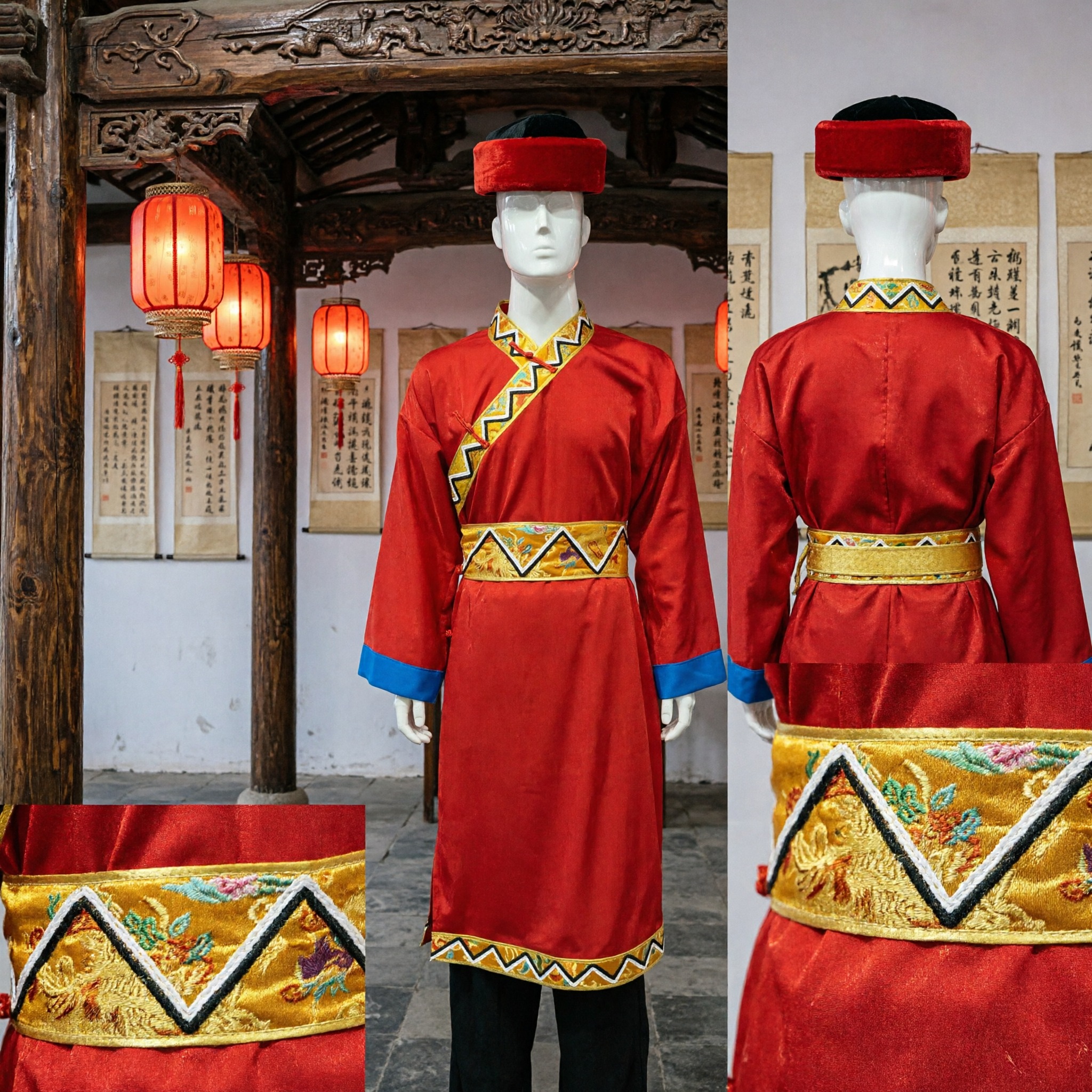 Chinesisches traditionelles mongolisches ethnisches rotes Gewand-Kostüm, Männer Volkstanz Aufführungsoutfit mit passendem Hut - Asian Costume