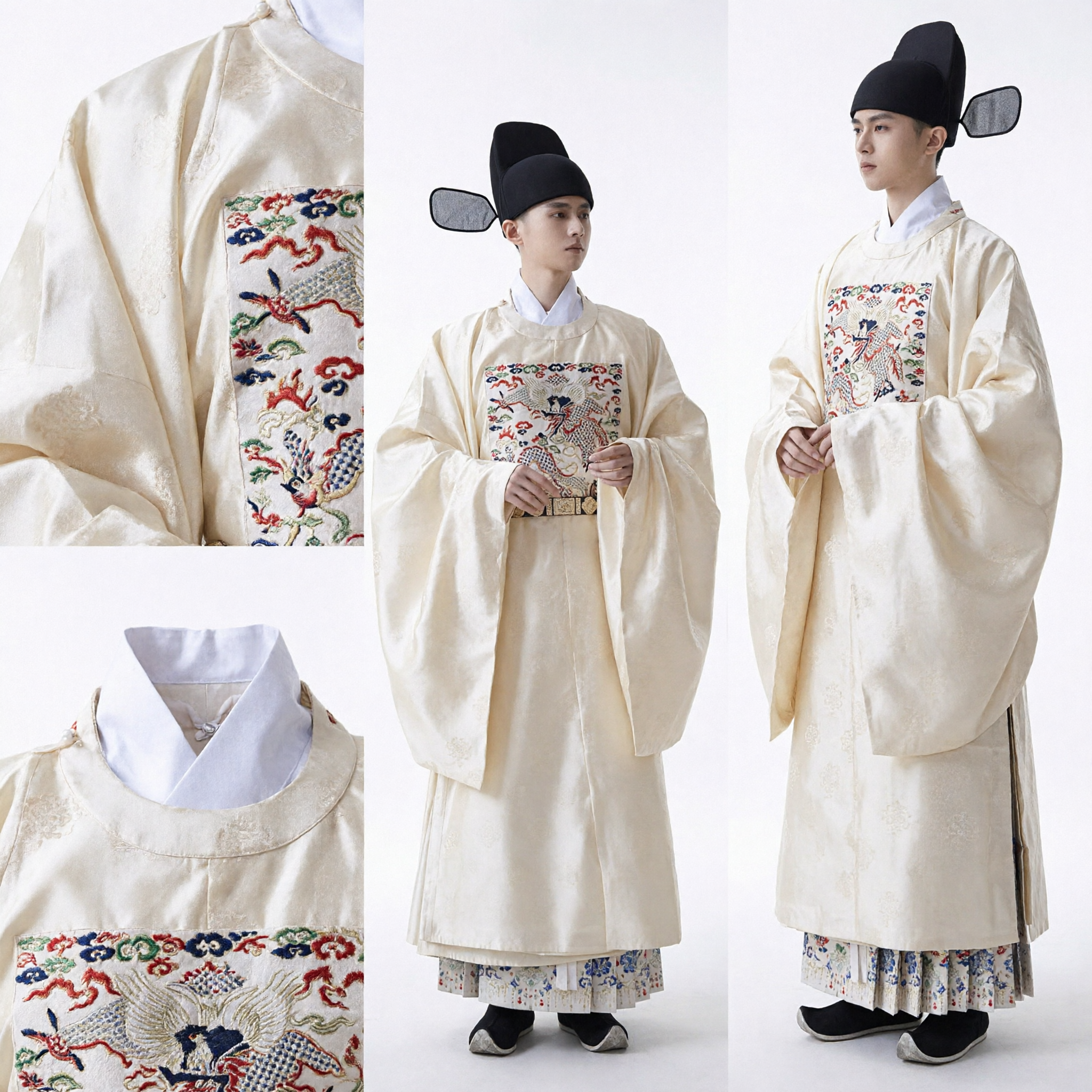 Männer Ming-Dynastie-Beamten-Hanfu-Kostüm, traditionelles cremefarbenes besticktes Gewand mit Rangabzeichen für Cosplay-Fotografie - Asian Costume