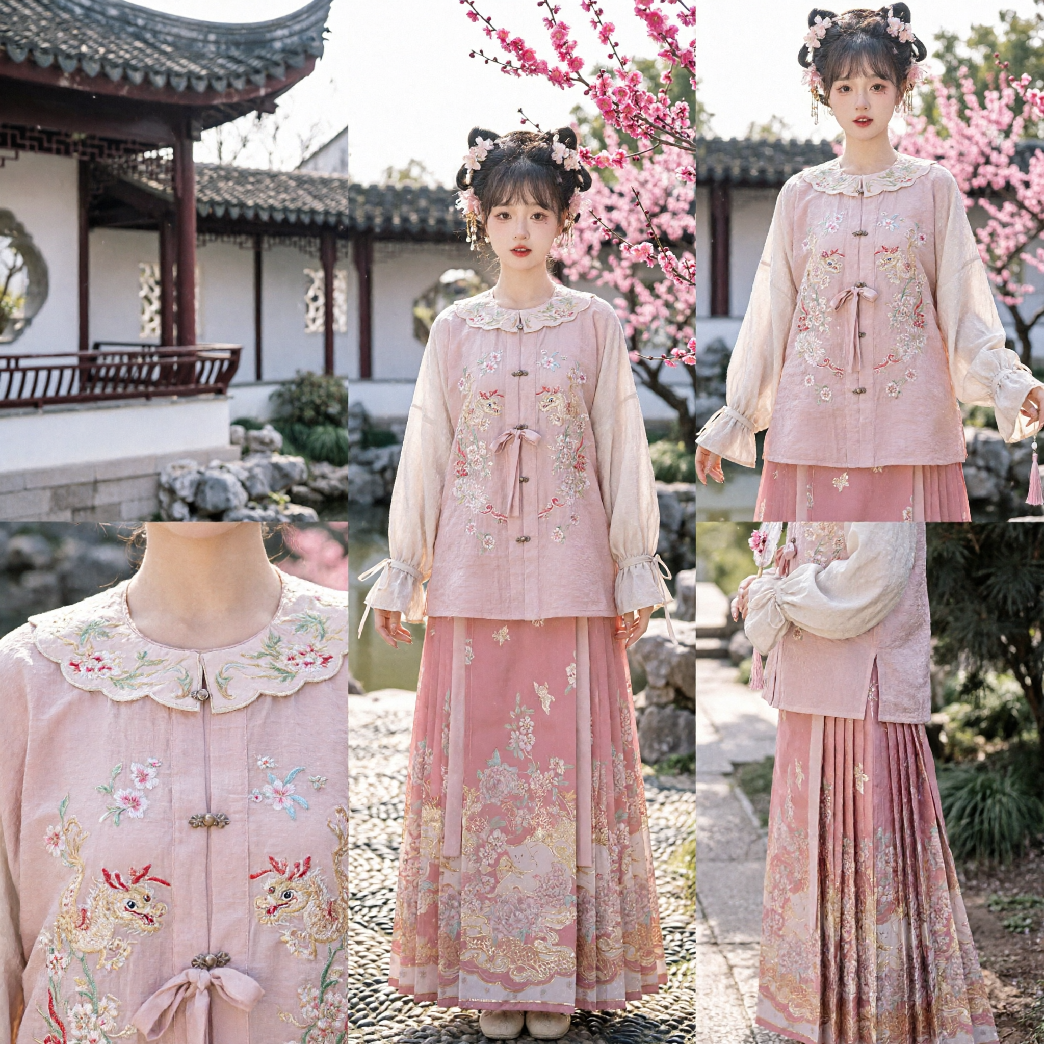 ピンク花刺繍漢服セット 中国伝統明代衣装 女性用 春節 - Asian Costume