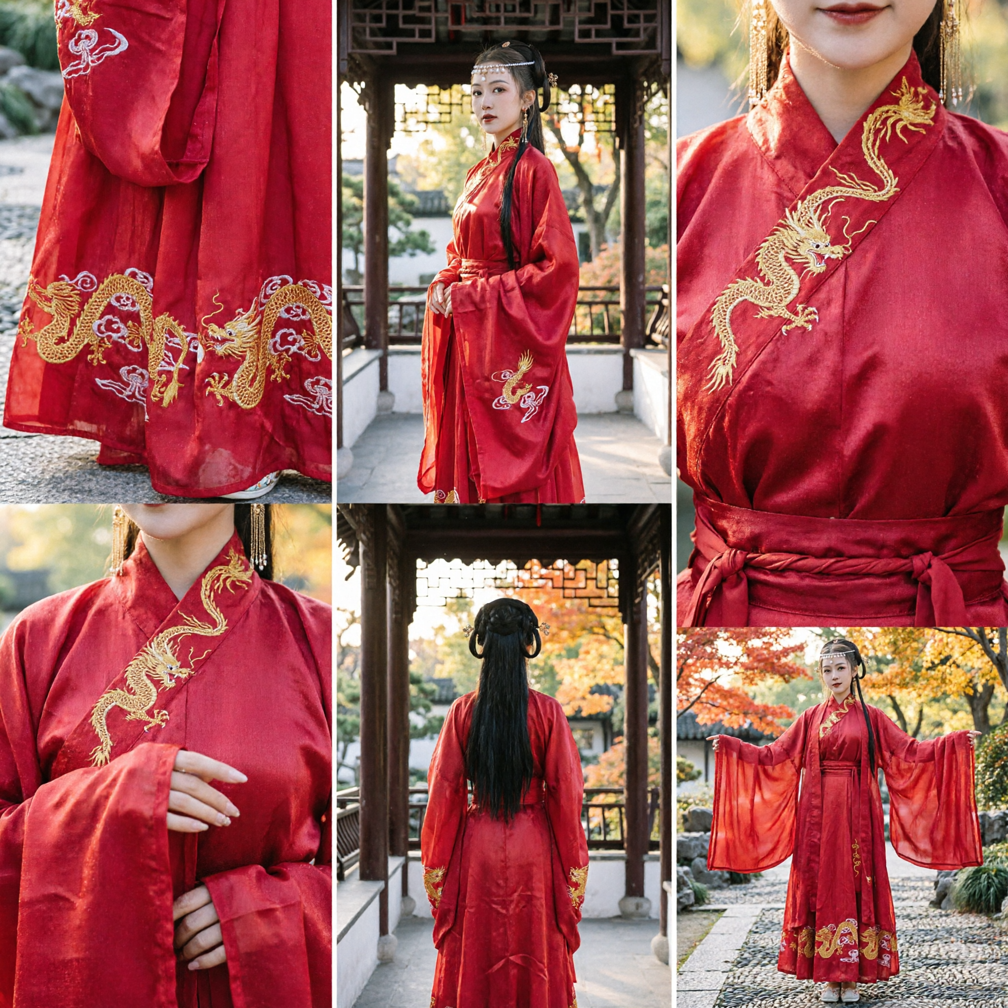 中国伝統赤漢服ドレス 女性用 古代龍刺繍明代衣装 - Asian Costume