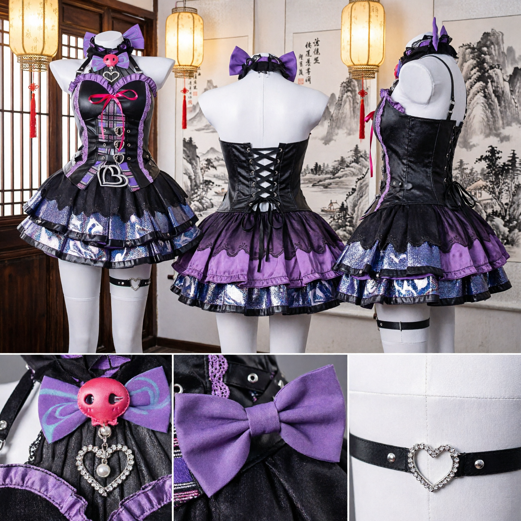 Traje de Cosplay Gótico Punk para Mulheres, Vestido com Corpete Roxo e Preto para Performance no Palco e Festa de Halloween - Asian Costume