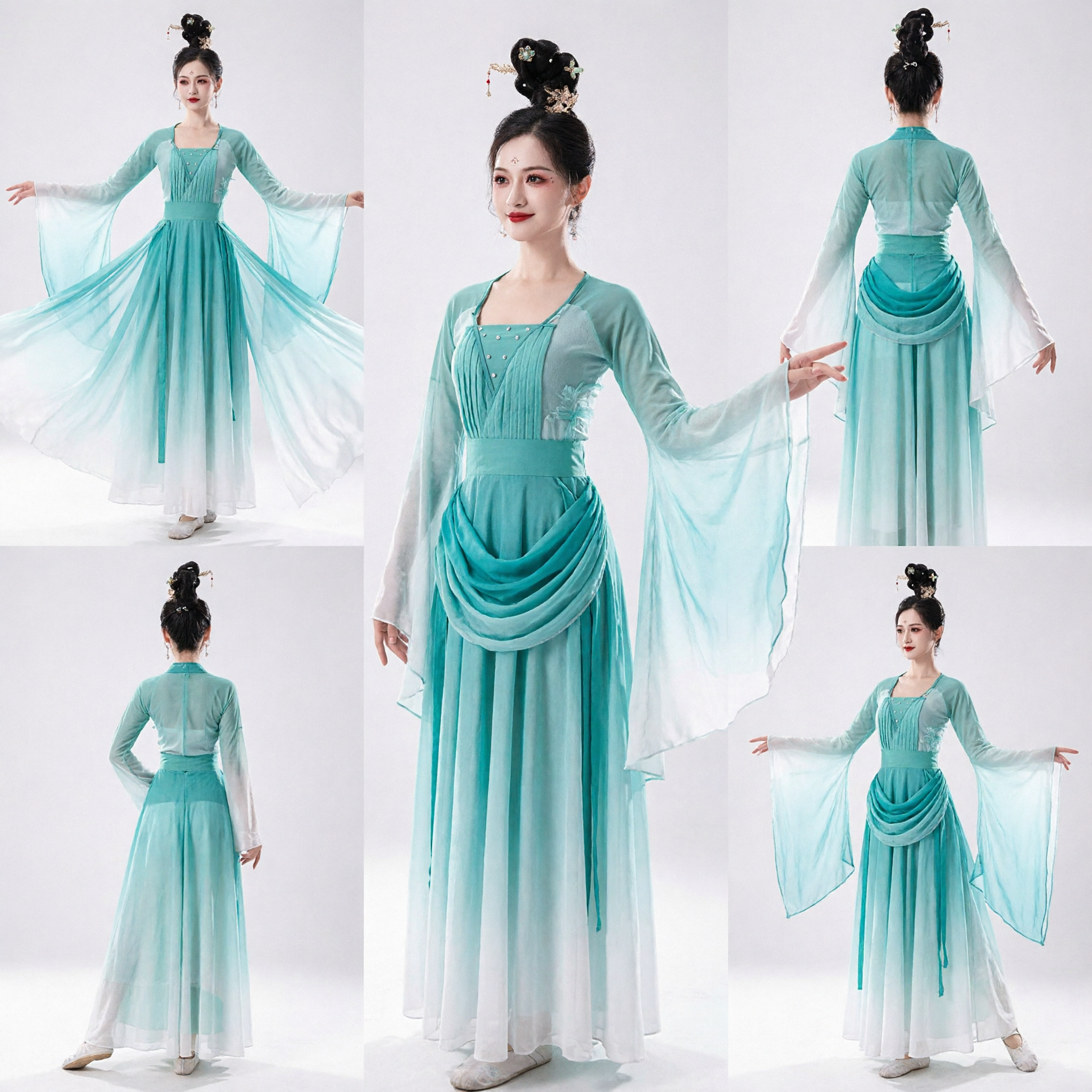 Traje de Danza Clásica Tradicional Chino para Mujer Hanfu de Manga de Agua Degradado Verde Azulado para Presentación en Escenario - Asian Costume