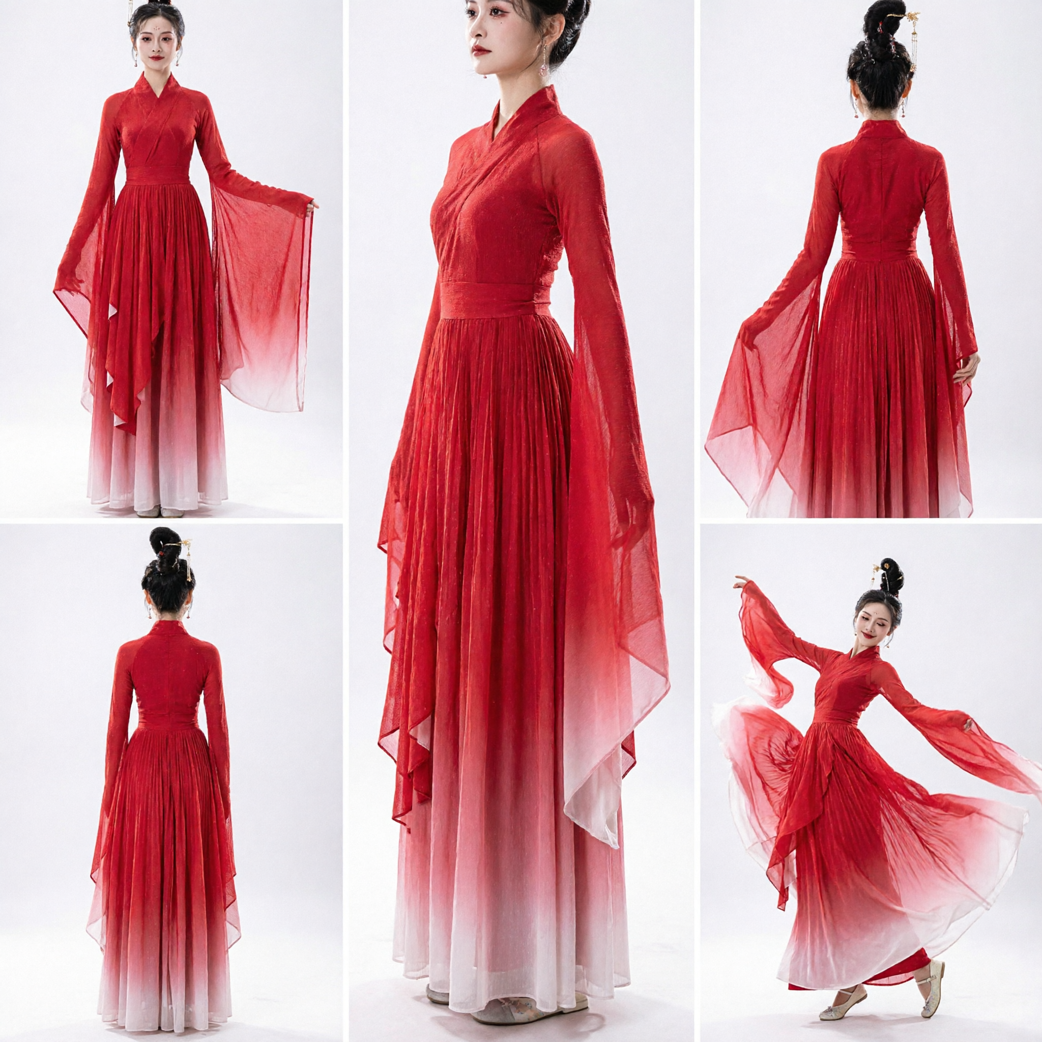Traditional Chinese Classical Dance Costume Red Gradient Hanfu Dress with Long Water Sleeves for Women Stage Performance - Asian Costume