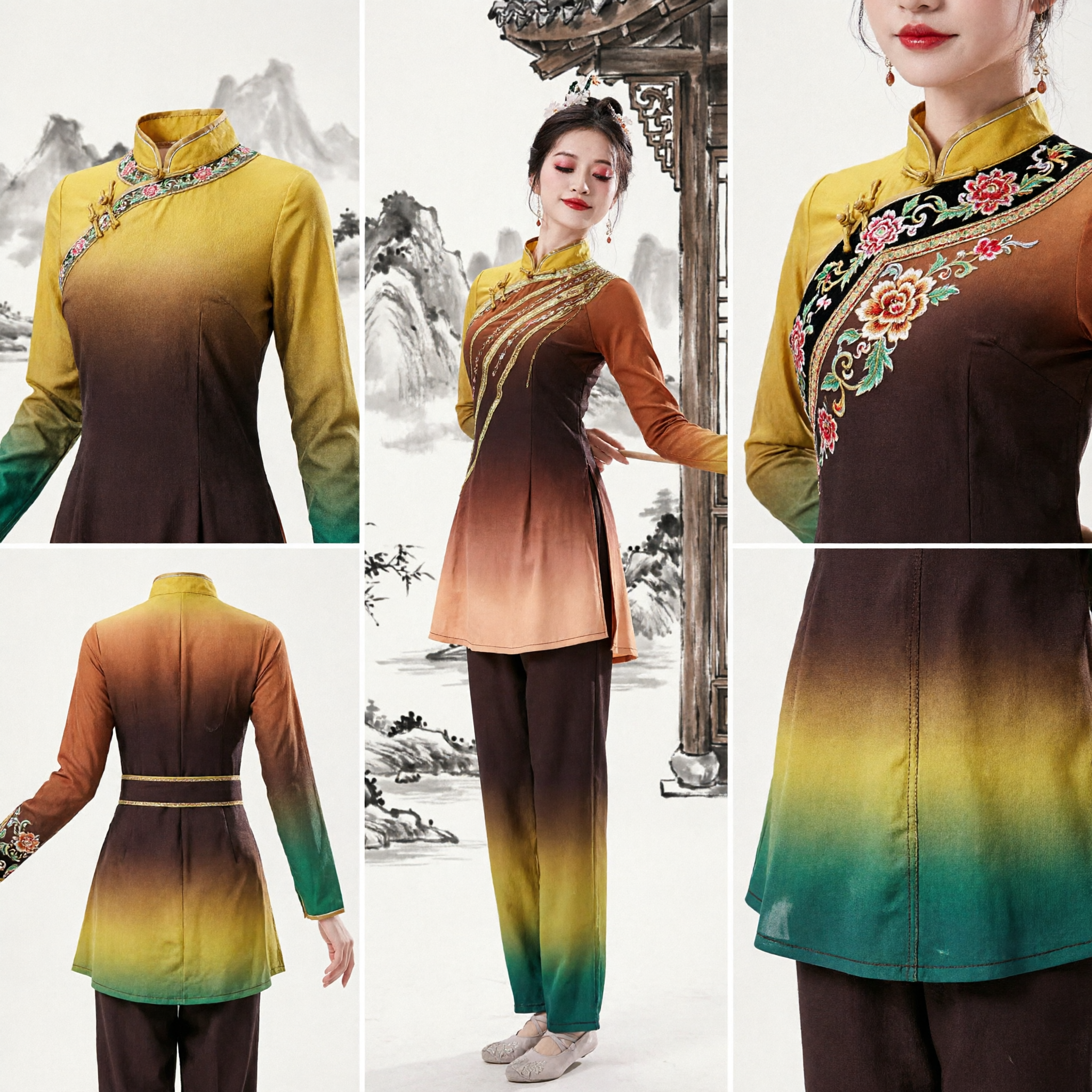 우아한 여성 그라데이션 중국 고전 무용 의상 전통 민속 우산 공연 무대 의상 - Asian Costume