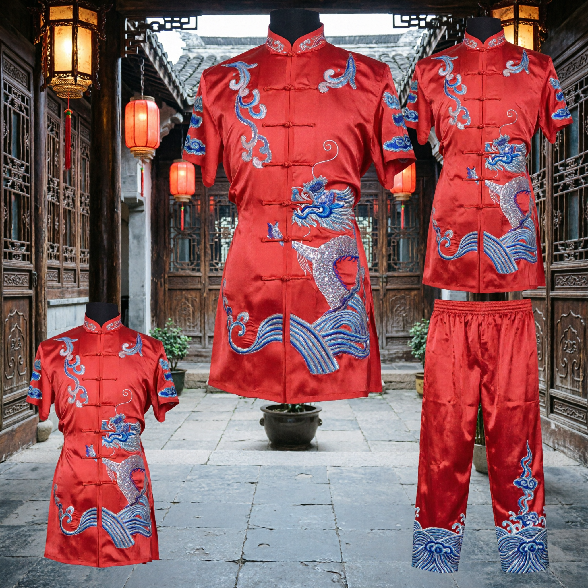 Uniforme Tradicional Chinês Kung Fu de Cetim Vermelho com Bordado Azul para Artes Marciais e Performance de Dança do Leão - Asian Costume