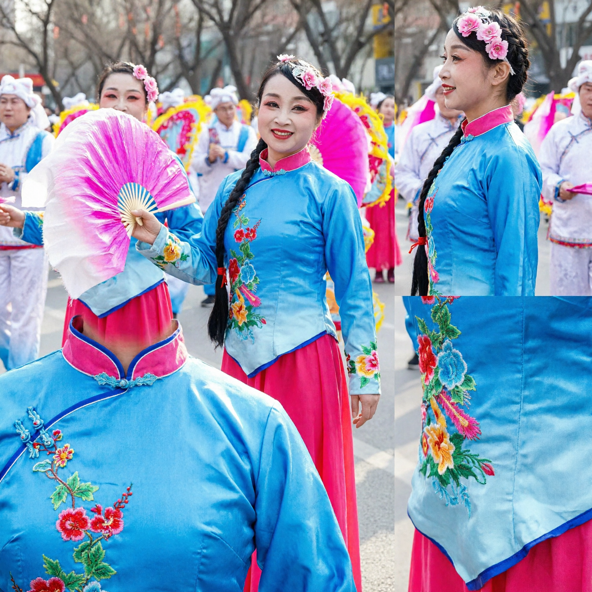 Traje de Dança Folclórica Chinesa para Mulheres Blusa Azul Bordada com Flores e Saia Rosa para Performance de Dança Yangge com Leques - Asian Costume