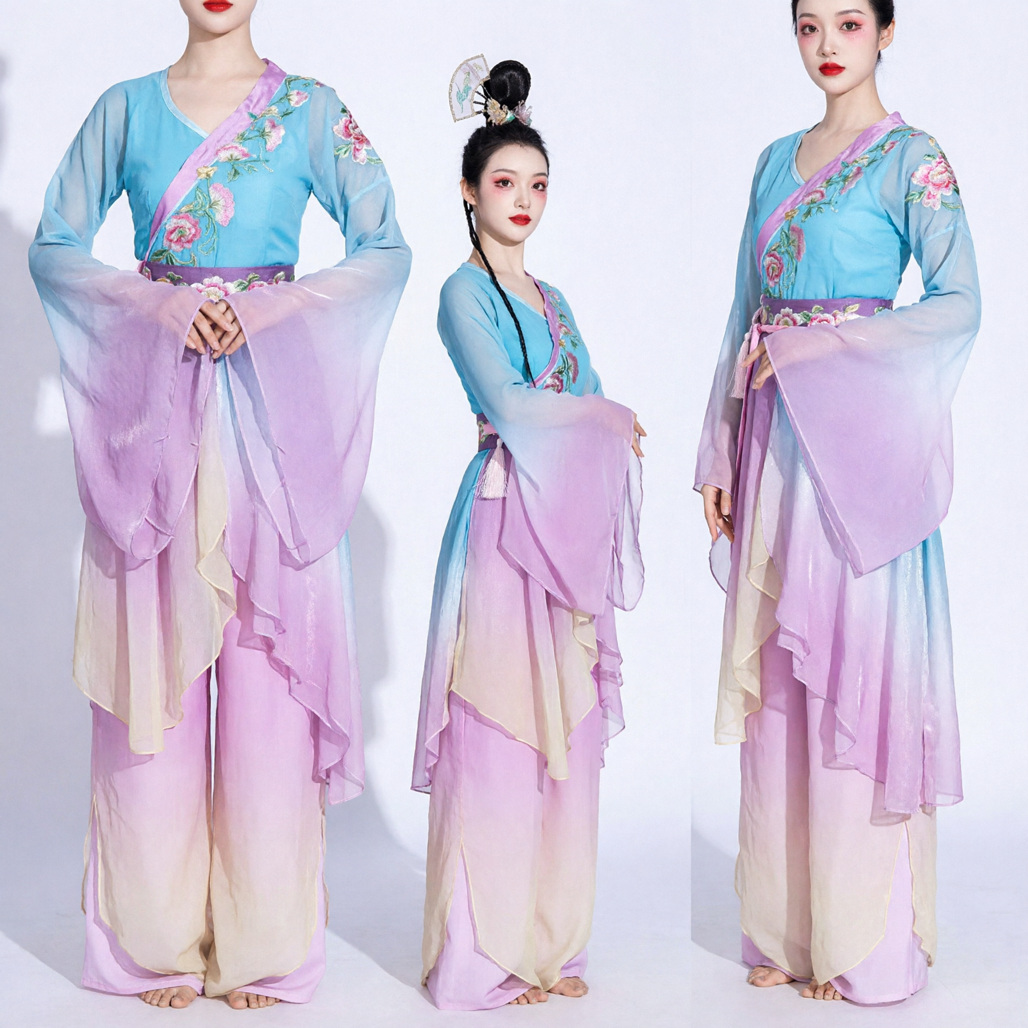 Traje de Danza Clásica China para Mujer Conjunto Hanfu para Actuación en Escenario en Gradiente Rosa y Azul con Mangas Fluyentes - Asian Costume