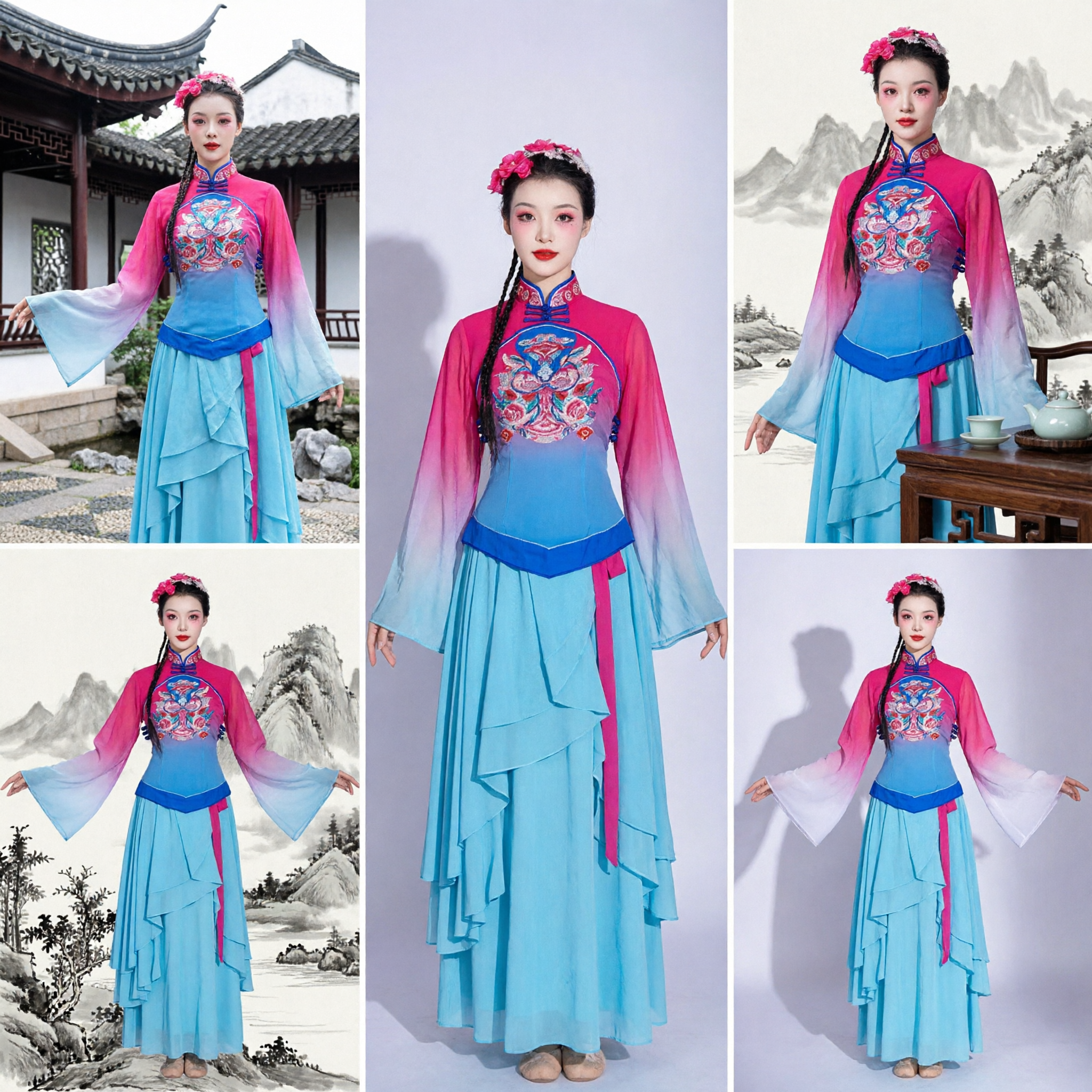 Traditionelles chinesisches Volkstanzkostüm für Frauen Rosa blau verlaufend besticktes Top mit Wassermanschetten und Rock für Auftritte - Asian Costume