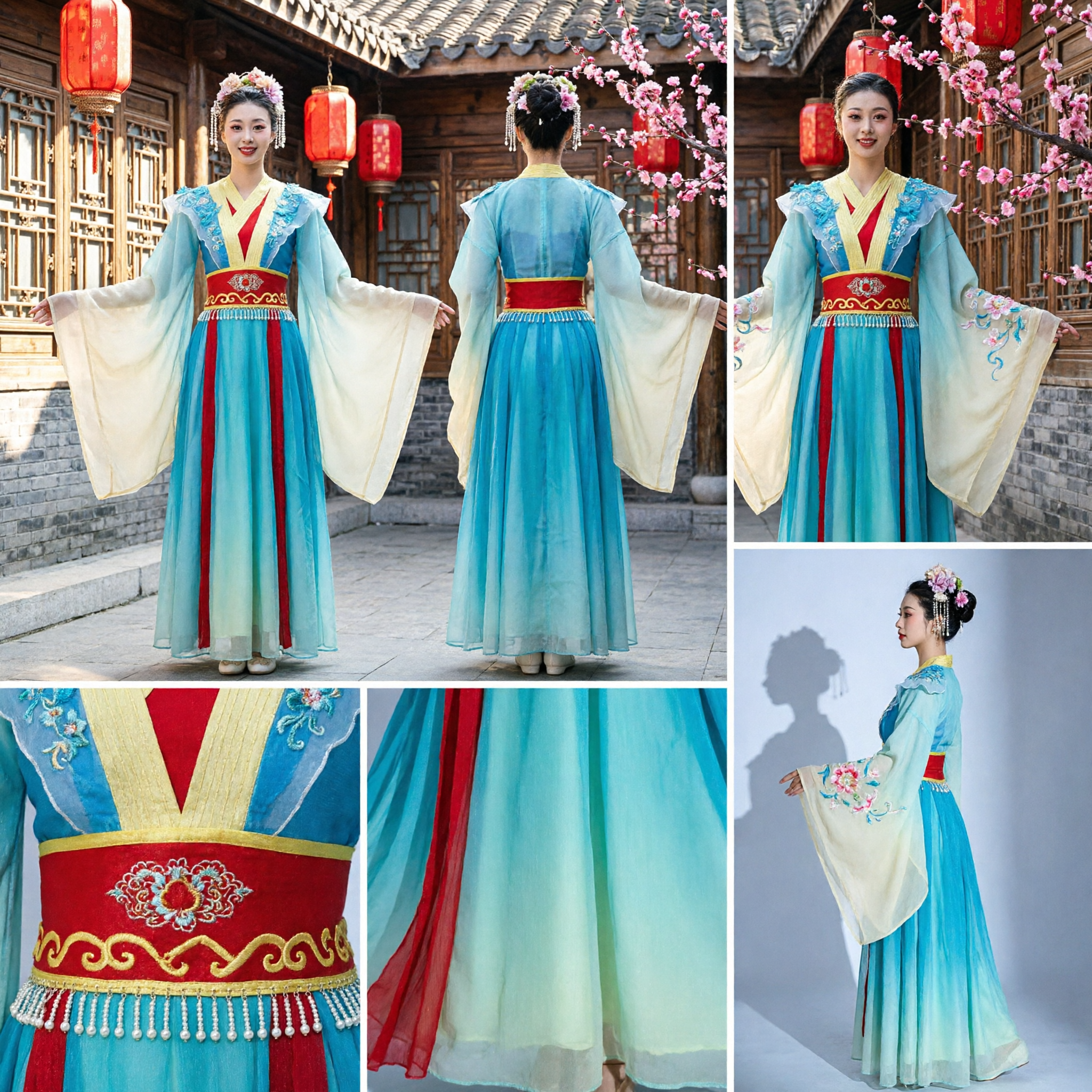 Chinese Traditionele Paleis Dame Hanfu Kostuum Blauw en Geel Oud Fee Dansjurk voor Vrouwen Podium Optreden - Asian Costume