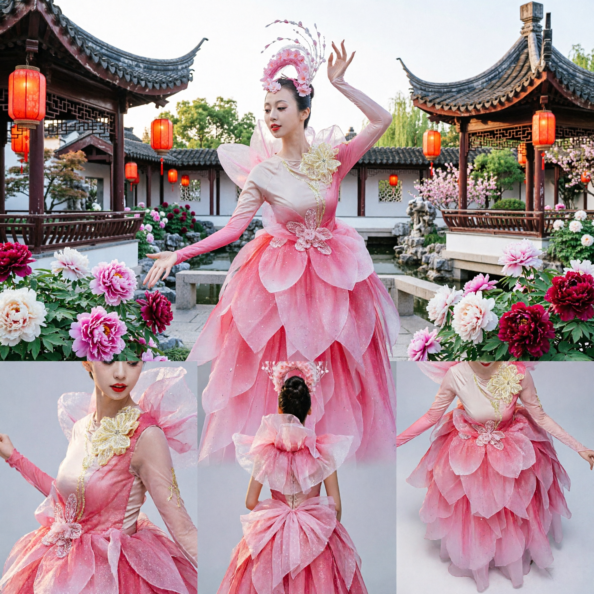 Roze Chinese Klassieke Dans Kostuum Bloemen Fee Jurk Podium Optreden Folk Dance Outfit voor Vrouwen met Hoofdtooi - Asian Costume