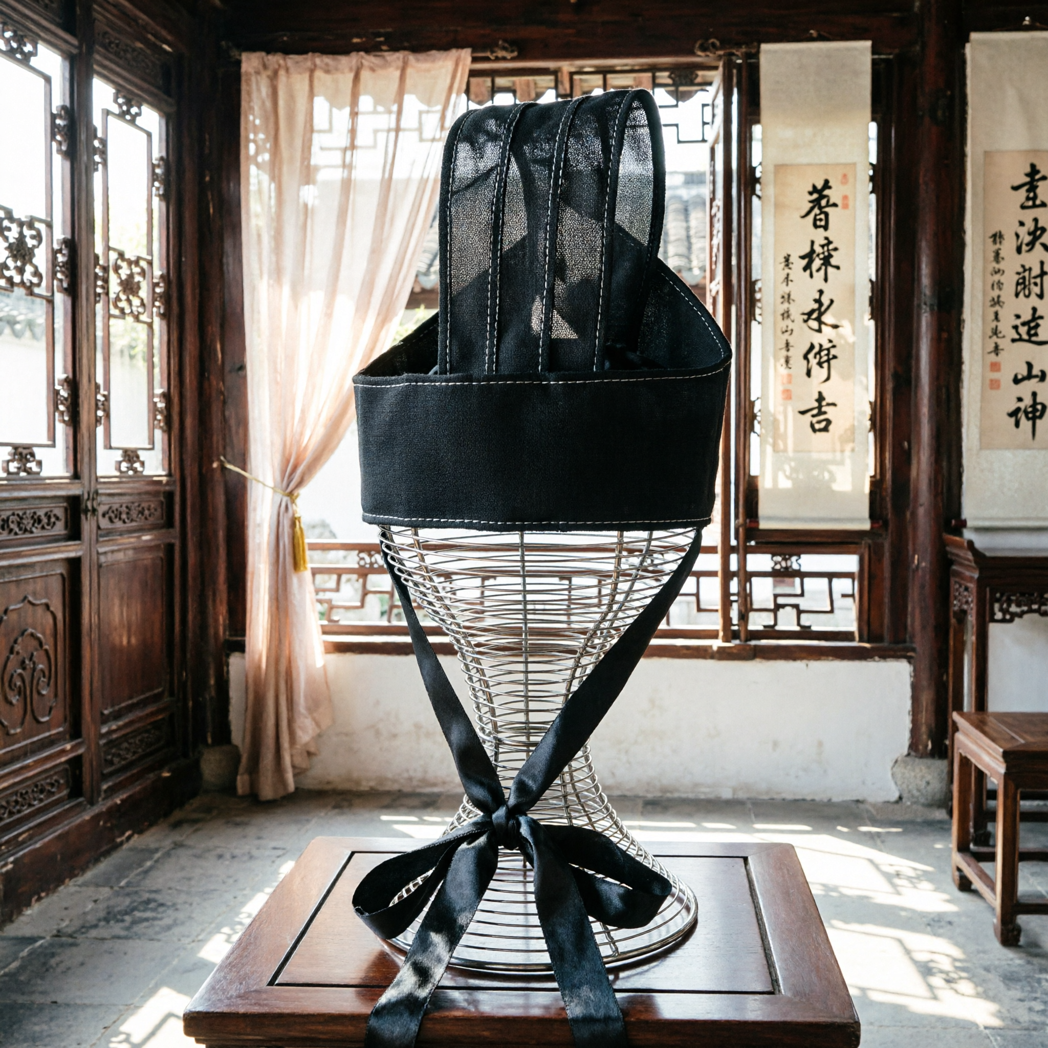 Chapéu de Gaze Preto de Oficial Antigo Tradicional Chinês Acessório de Cabeça Hanfu para Cosplay de Traje Histórico Masculino - Asian Costume