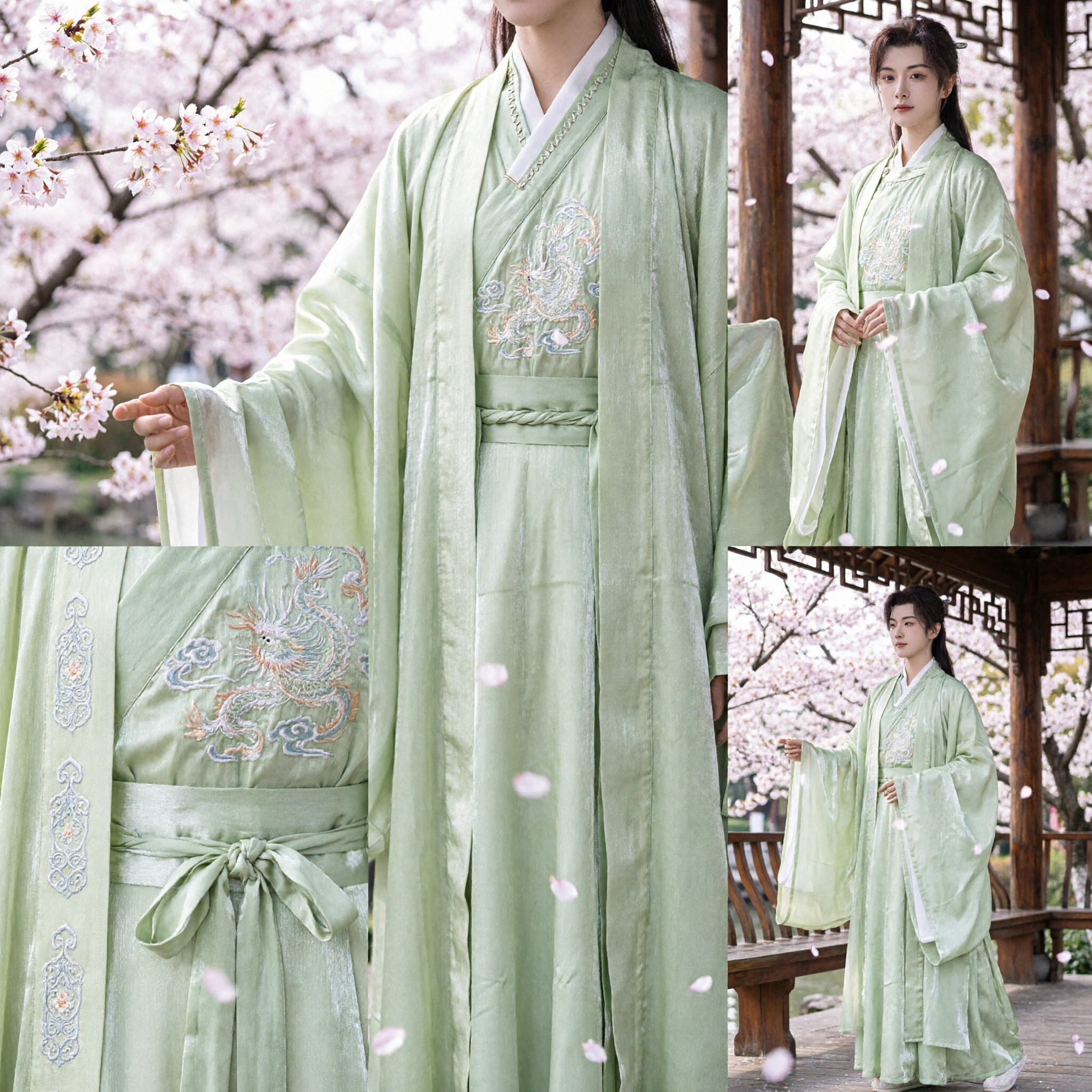 Set Tradizionale Cinese Hanfu in Seta Verde Chiaro, Costume da Nobile Studioso Antico per Uomo per Cosplay - Asian Costume