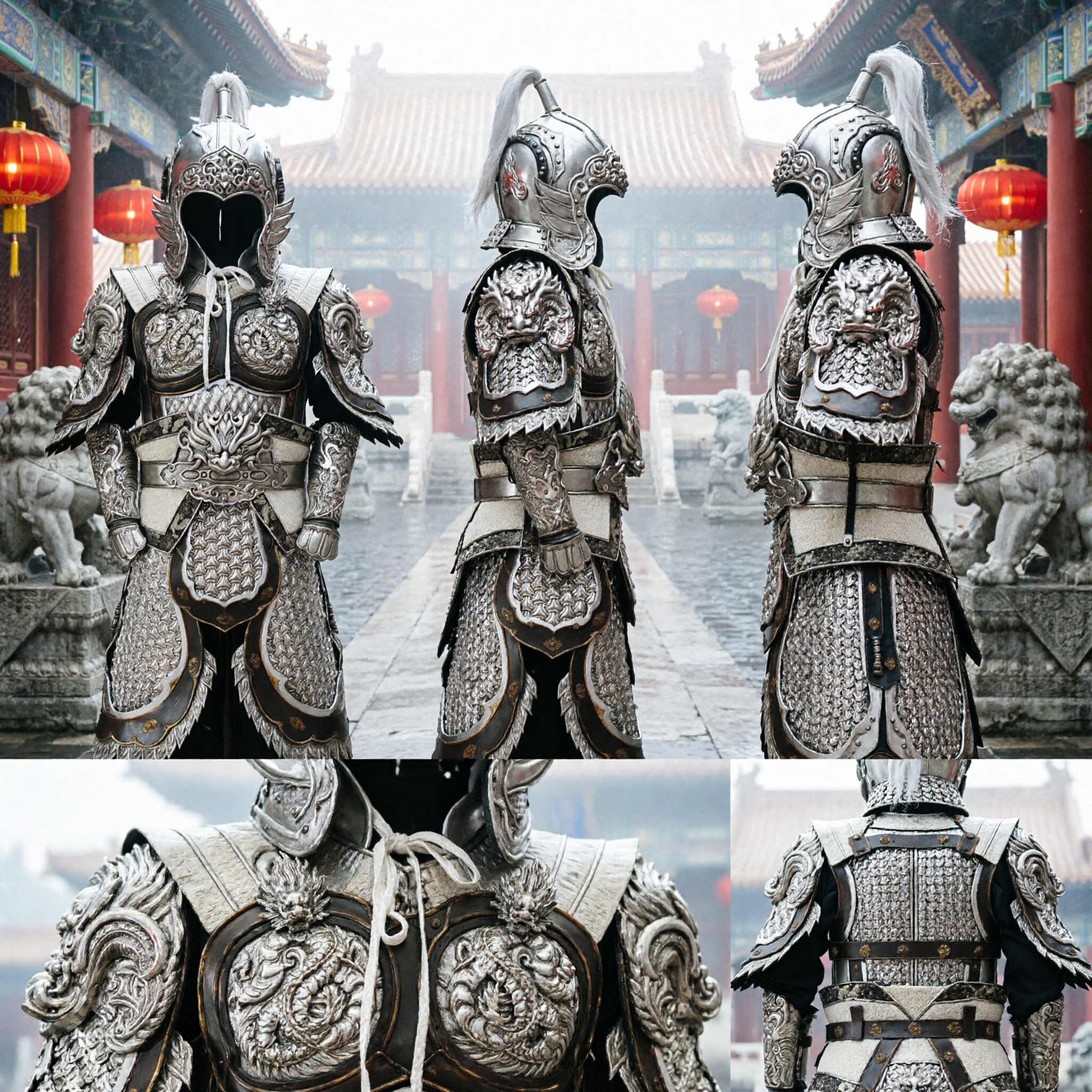 古代中国将軍 銀龍鎧 フルセット 戦士コスプレ衣装 男性用 舞台演舞用 - Asian Costume