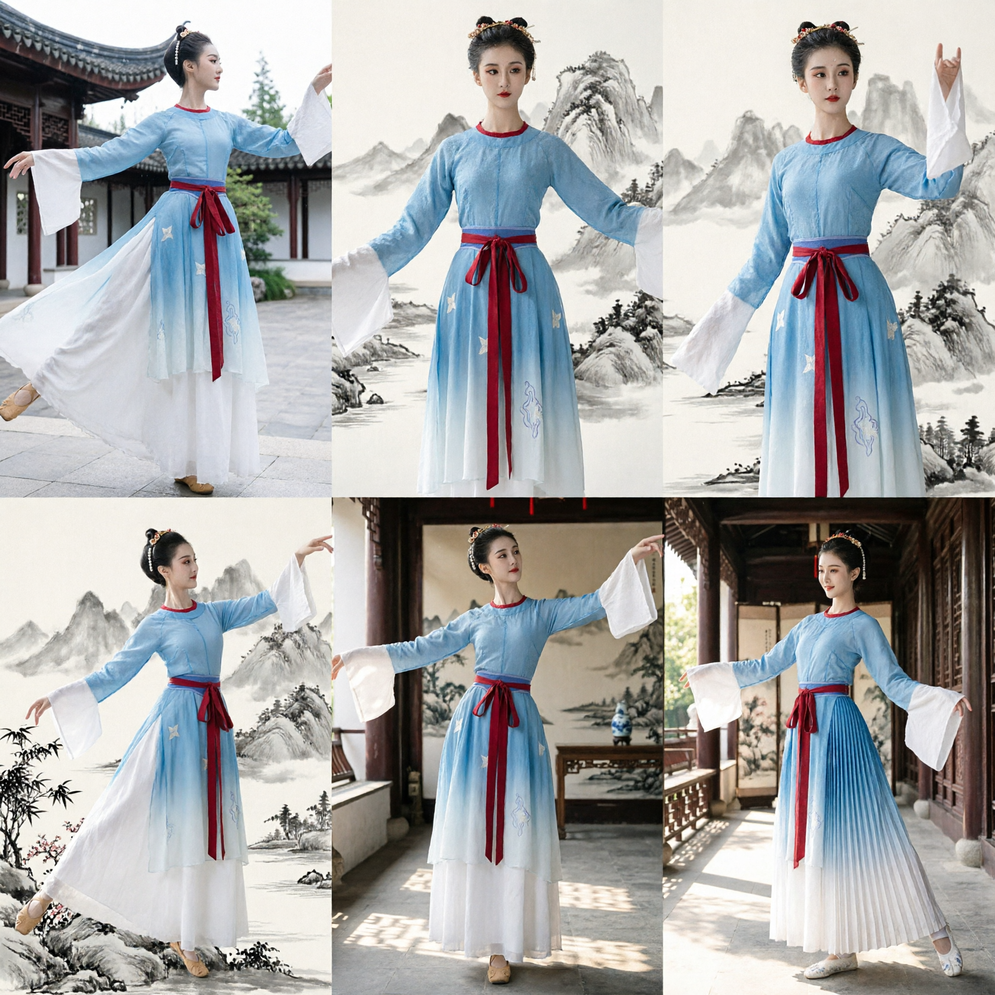 Traje de Danza Clásica China para Mujer, Vestido Hanfu de Mangas de Agua de la Dinastía Tang Azul para Actuaciones en Escenario - Asian Costume