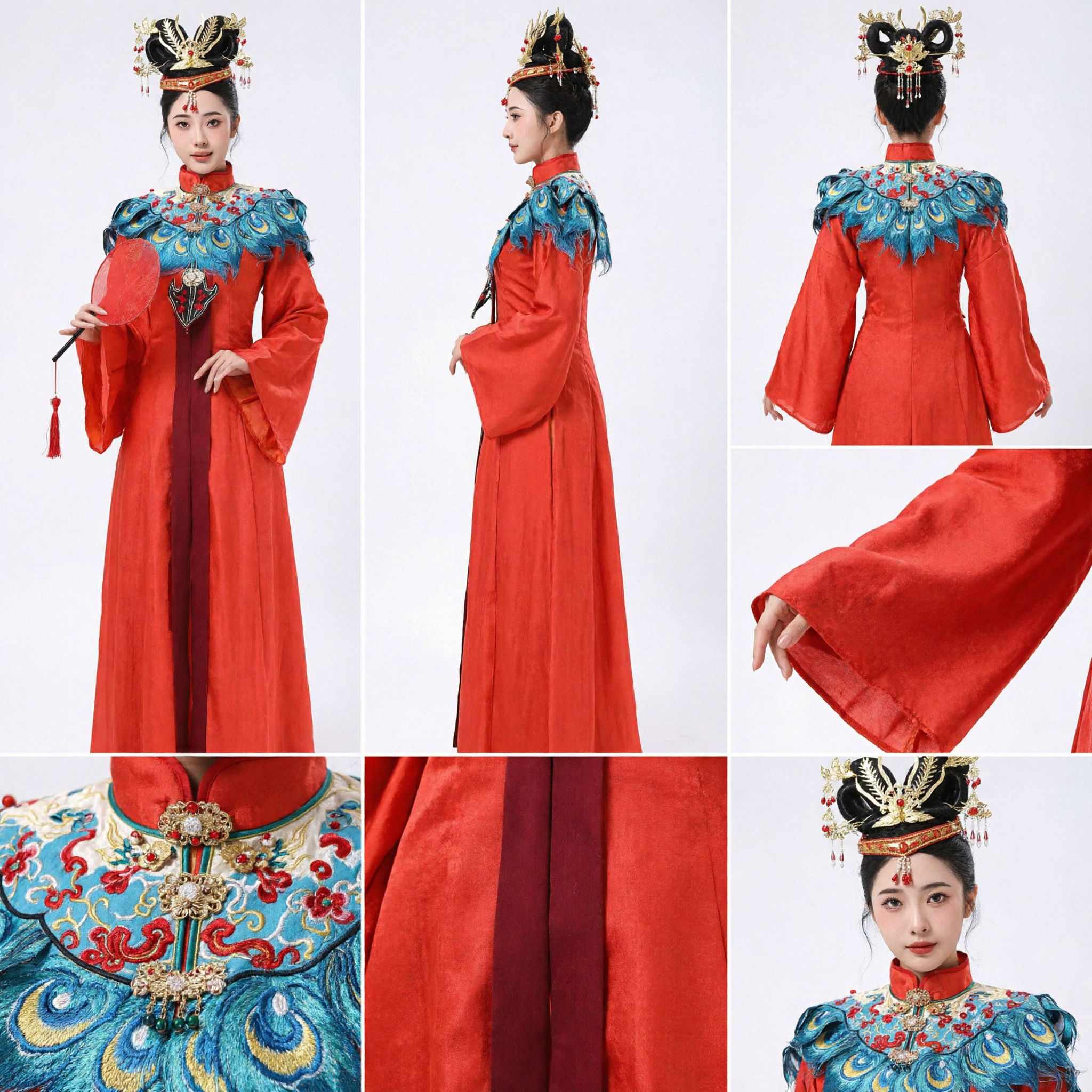 Traje de Ópera de Pequim Tradicional Chinês, Robe Vermelha de Princesa Antiga com Gola de Nuvem de Pavão e Conjunto de Adereços para Cabeça - Asian Costume