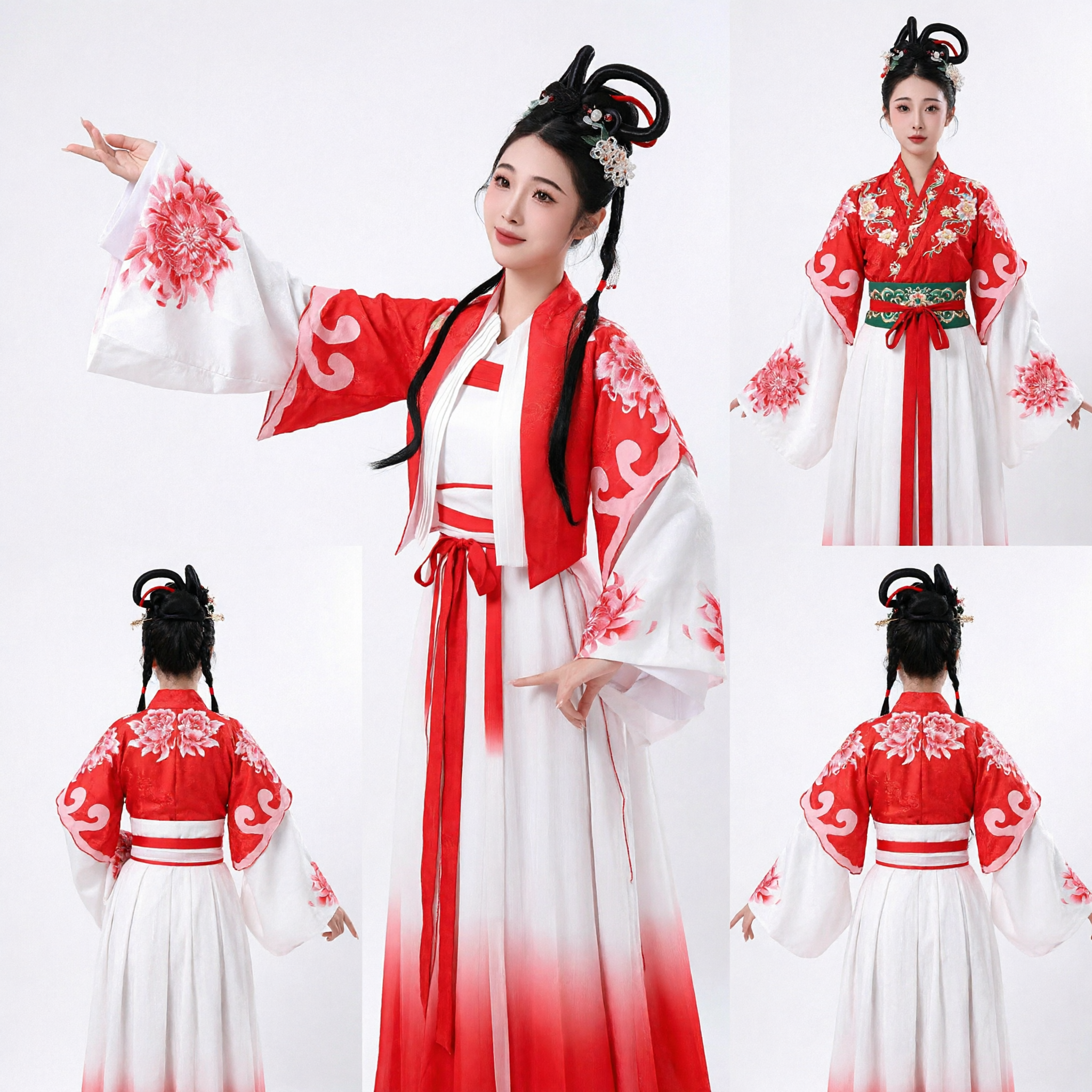 Traditional Chinese Hanfu Costume Red and White Gradient Ancient Dress for Women Folk Dance Performance - Asian Costume