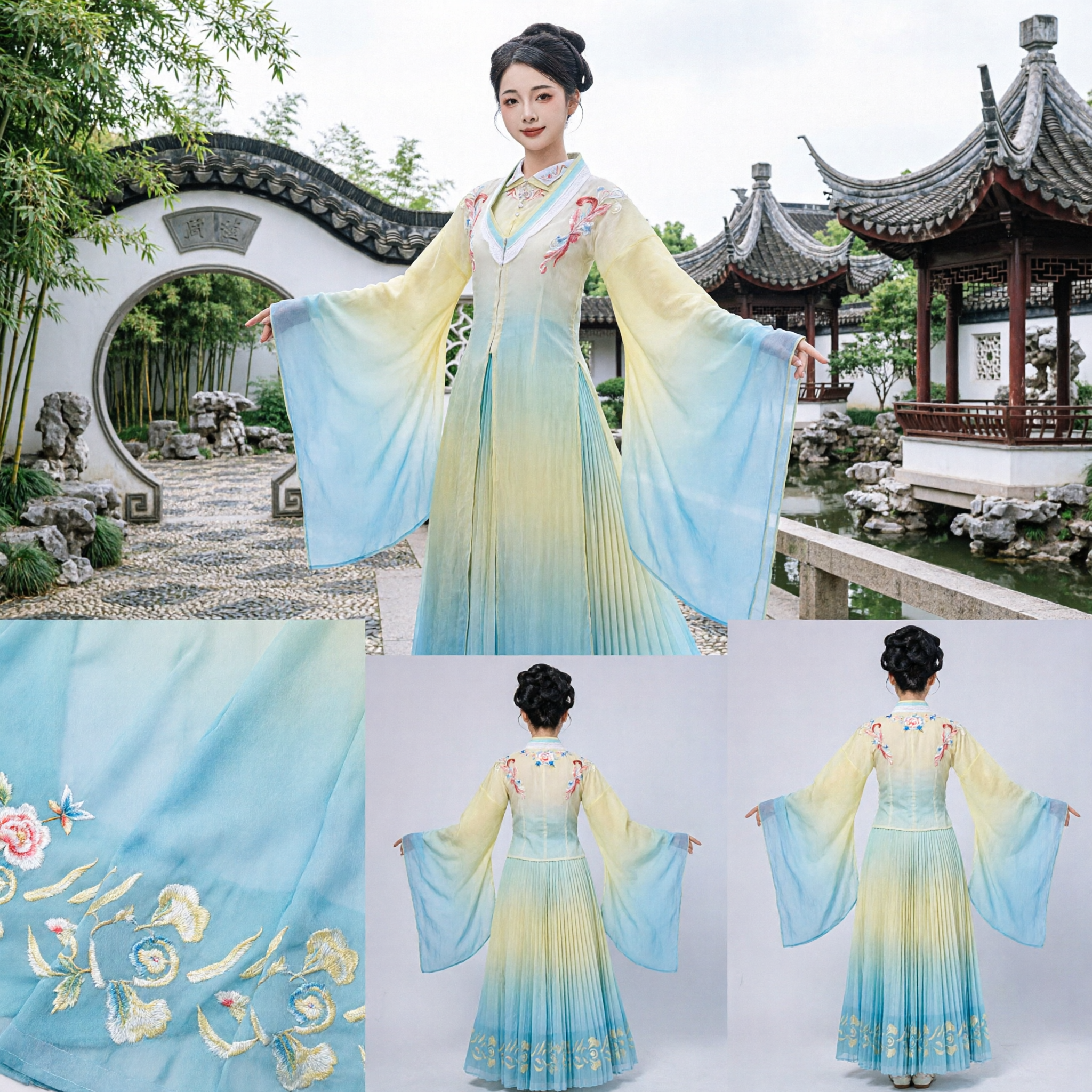 Vestido Hanfu em Gradiente Elegante, Traje de Dança Tradicional Chinês com Mangas D'Água, Vestuário de Performance Antigo para Mulheres - Asian Costume