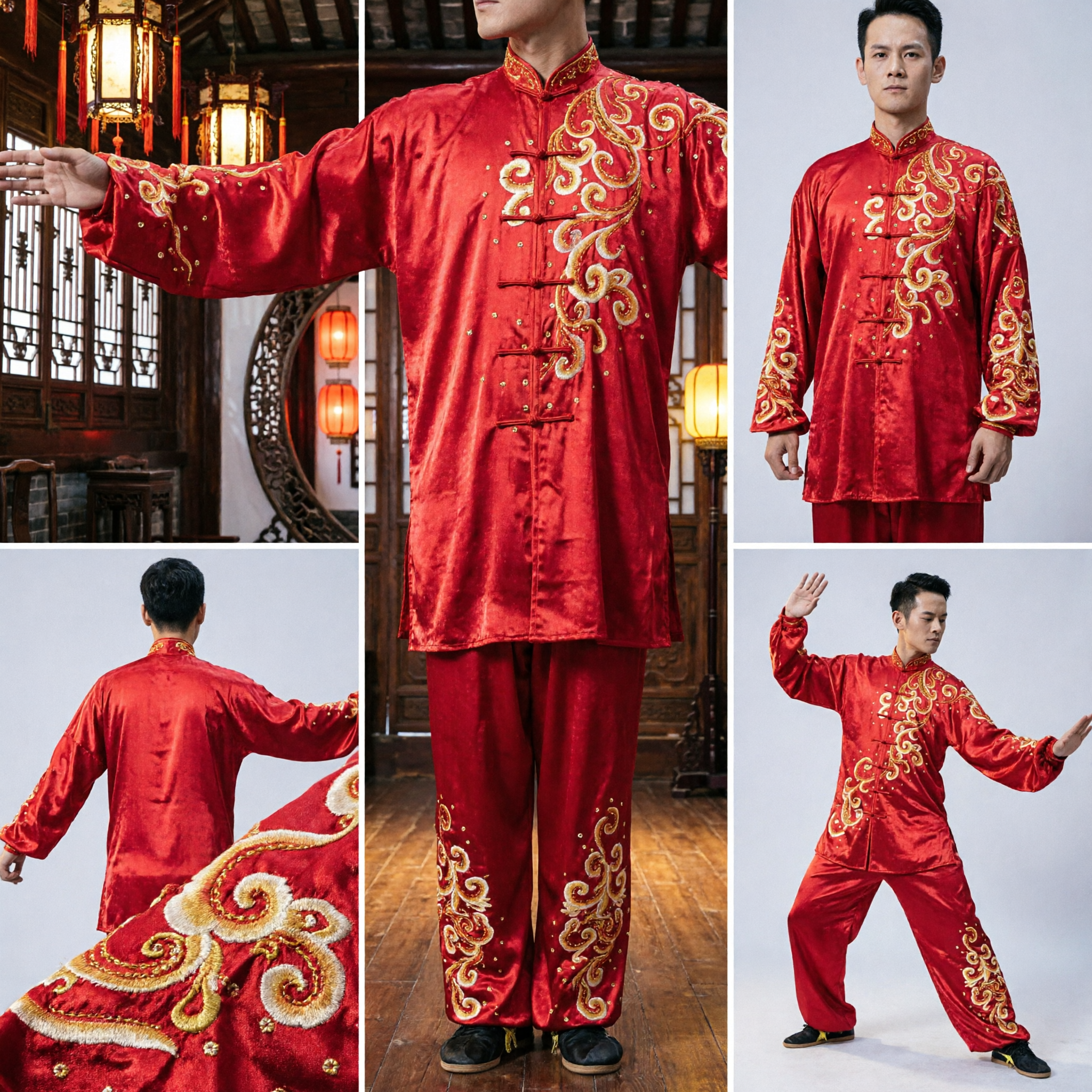 Rote Seiden-Wushu-Uniform für Männer Traditioneller Kung-Fu-Tai-Chi-Anzug Goldstickerei Wettkampfbekleidung - Asian Costume