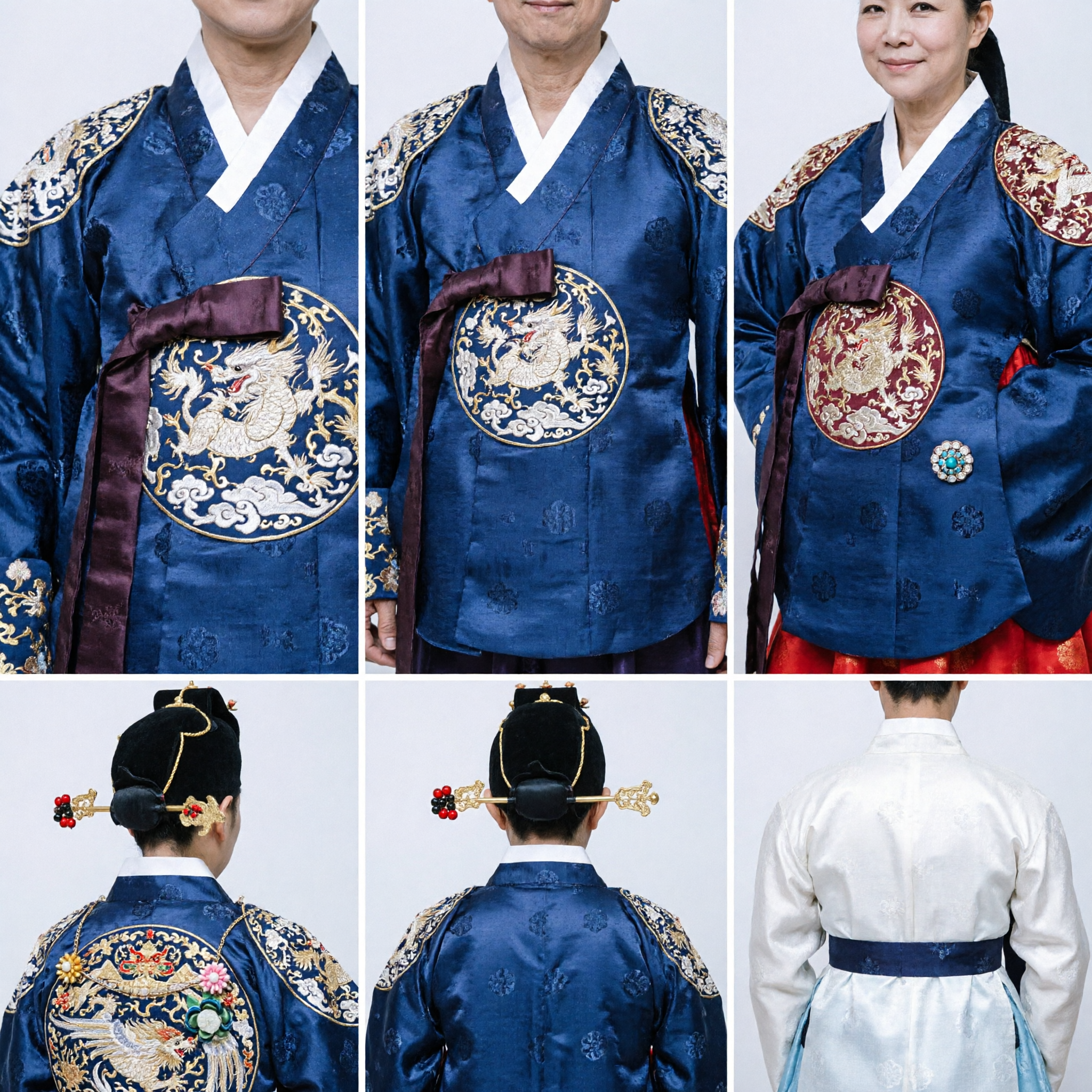 Autentyczny koreański tradycyjny ślubny zestaw Hanbok dla pana młodego i panny młodej Niebieska szata i czerwona Hwarot - Asian Costume