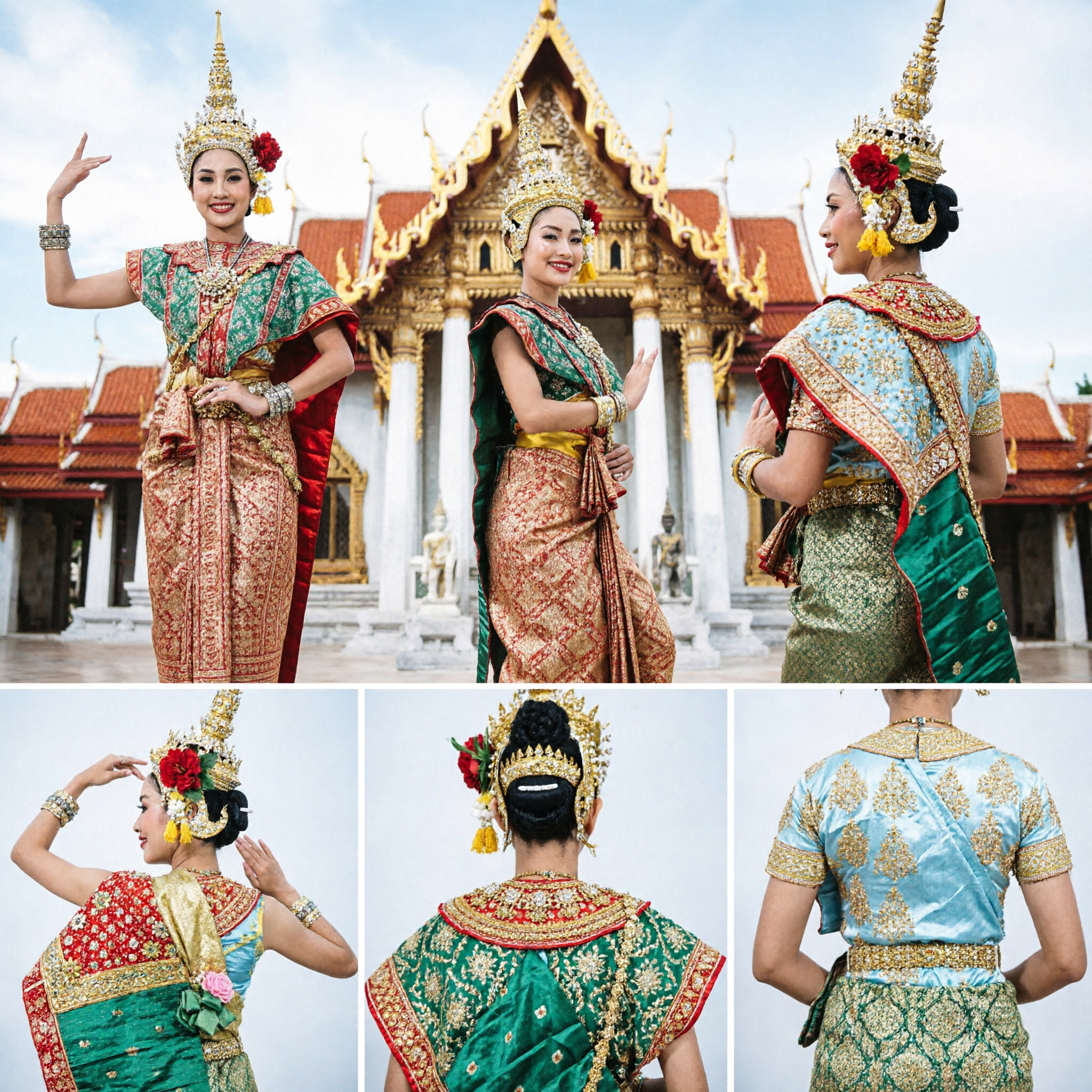 Traditionelles thailändisches klassisches Tanzkostüm-Set für Frauen mit Kopfschmuck für Bühnenauftritt und kulturelle Feste - Asian Costume