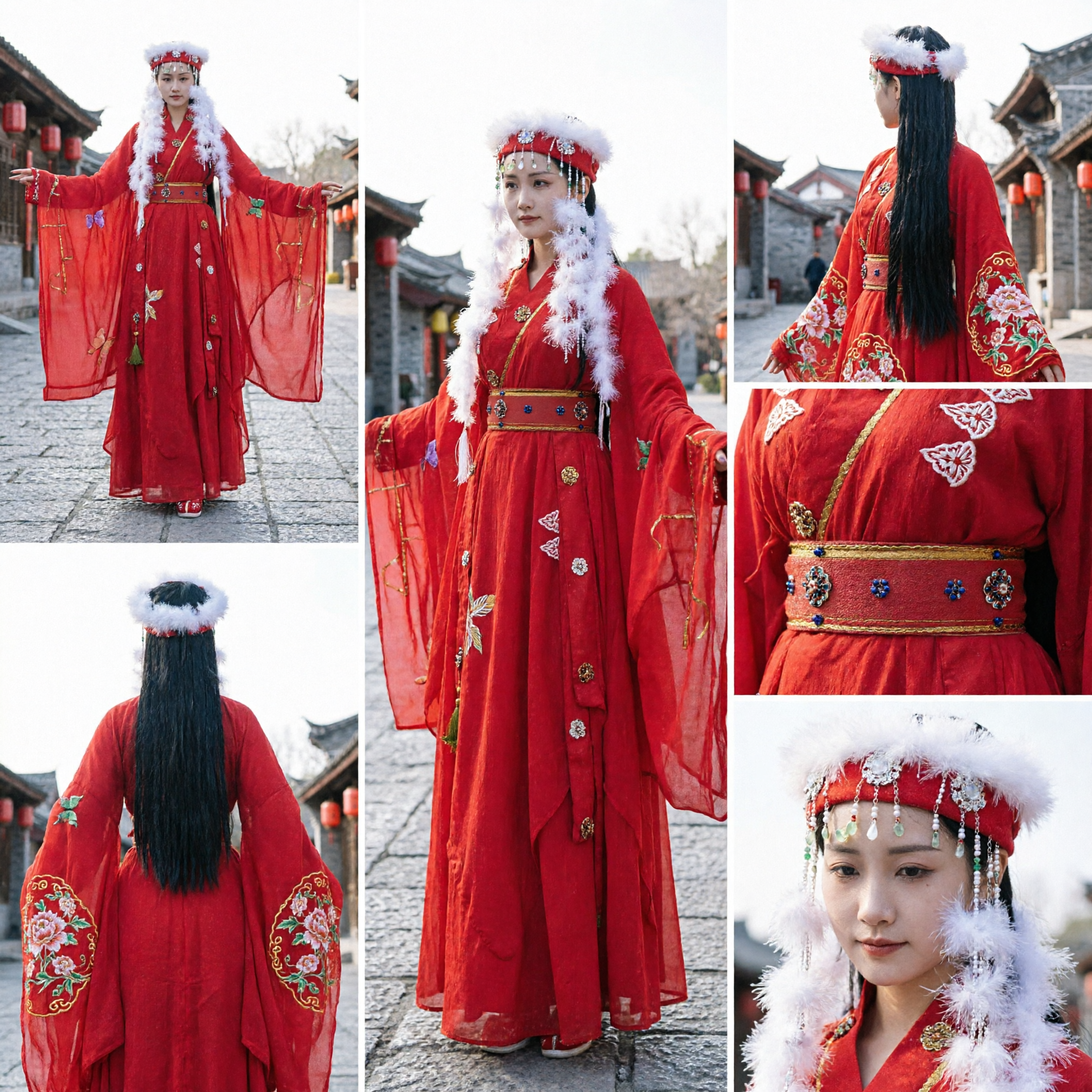 伝統中国赤漢服衣装 女性用 古代姫ドレス 毛皮帽子付き コスプレ - Asian Costume