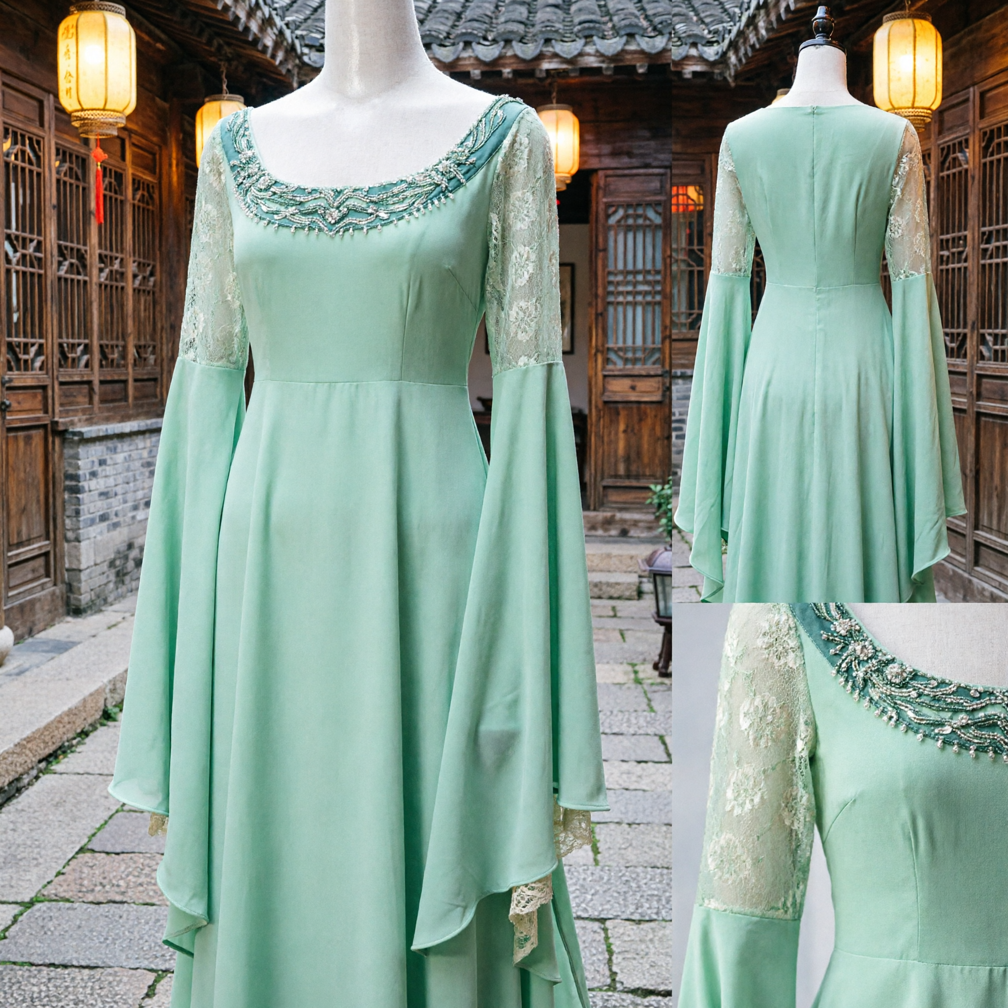 Vestido Medieval Renacentista Verde Claro para Mujer con Mangas de Campana de Encaje y Corpiño Bordado para LARP y Cosplay - Asian Costume