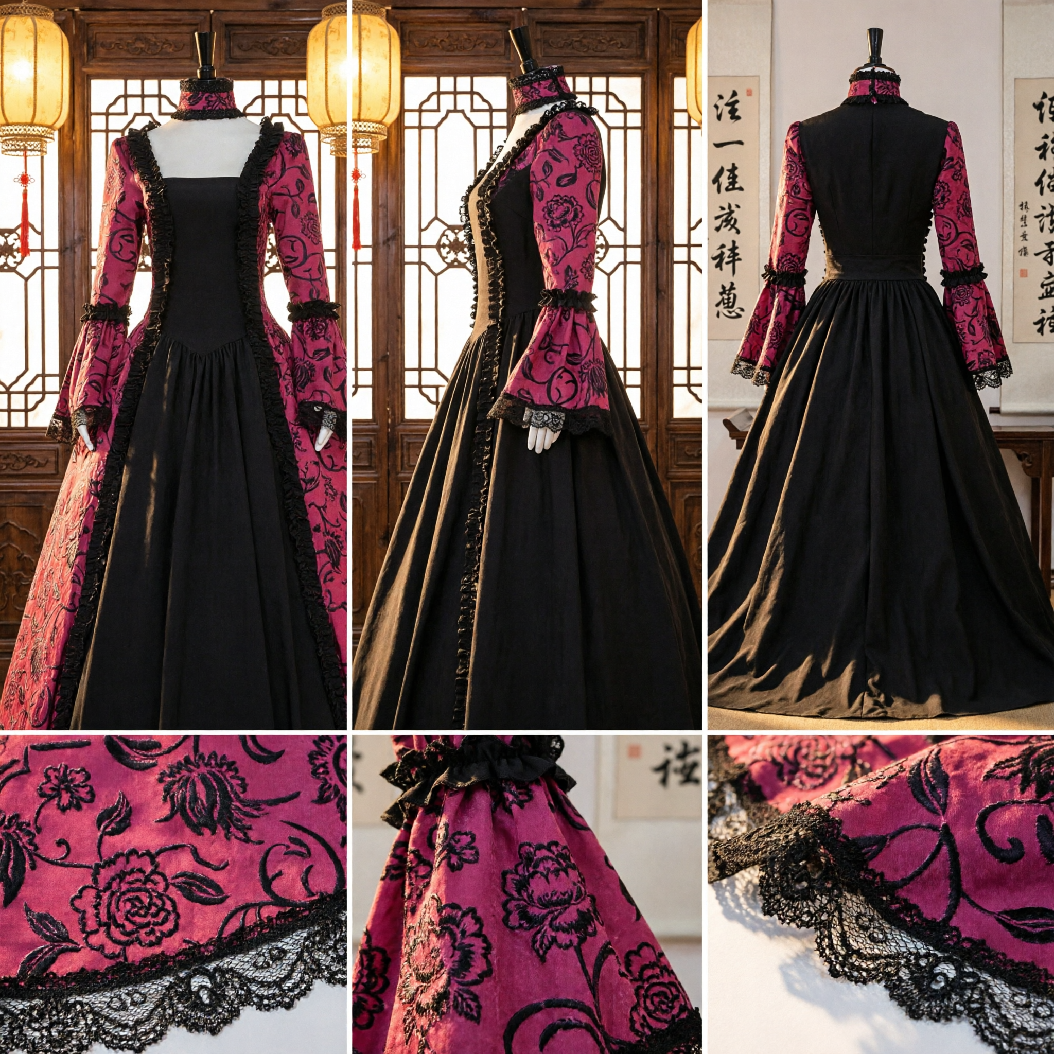 Elegant Red and Black Baroque Rococo Gown Women's Historical Costume for Cosplay and Halloween Party - Asian Costume