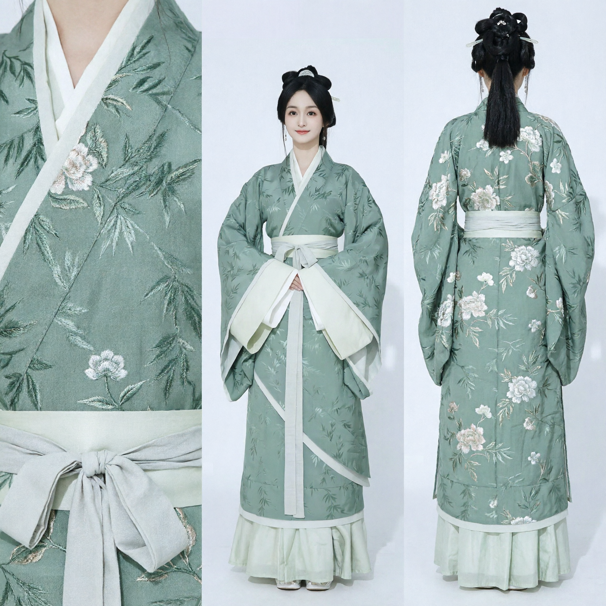 Hanfu Tradicional Chino para Mujer Bata de Manga Ancha Verde Sabio con Estampado de Bambú Traje Antiguo para Fotografía - Asian Costume