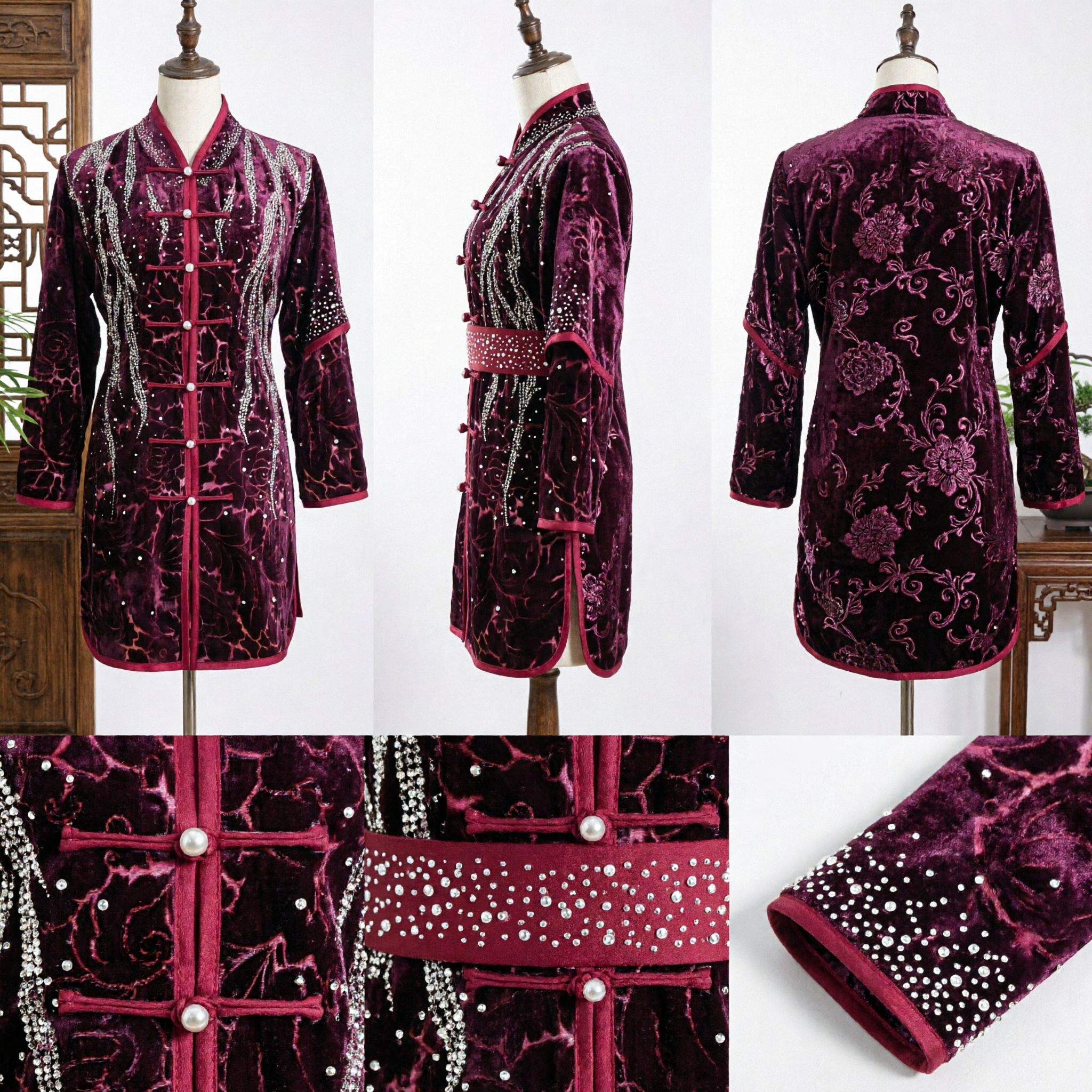 Uniforme Kung Fu Tradizionale Cinese Uomo Costume Tai Chi in Velluto Viola con Strass - Asian Costume