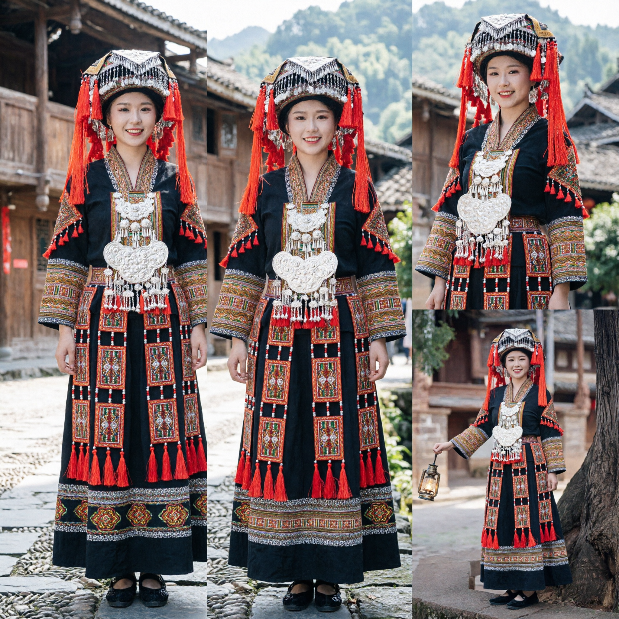 Conjunto de Traje Étnico Tradicional Chinês Yi para Mulheres com Vestido Preto Bordado e Adorno de Cabeça Prateado para Performance de Dança Folclórica - Asian Costume