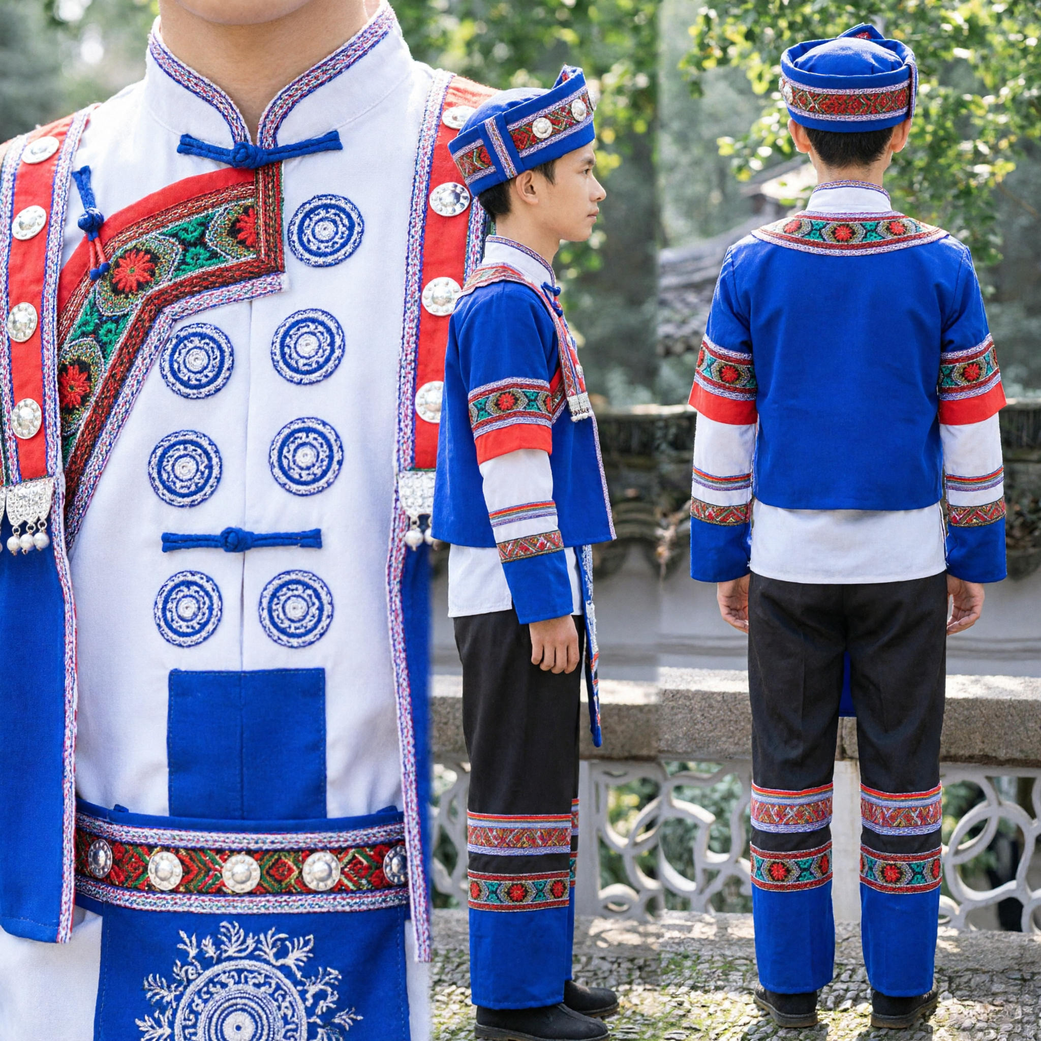 Herren Traditionelles Chinesisches Minderheiten-Volkskostüm Blaue Stickerei Volkstanz Auftrittskulturelles Outfit Set - Asian Costume
