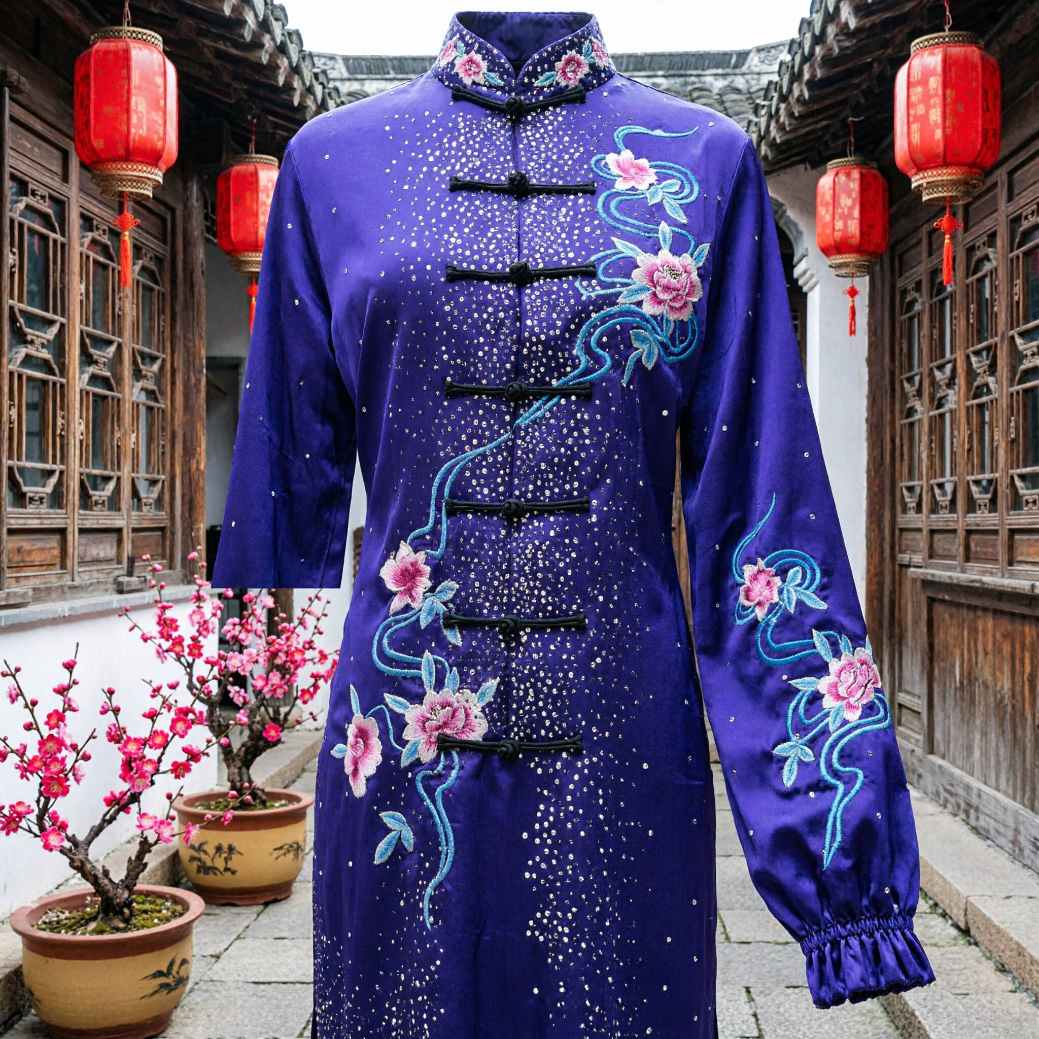 Uniforme de Tai Chi en satin violet pour femmes, costume traditionnel de Kung Fu chinois avec broderie florale et strass - Asian Costume