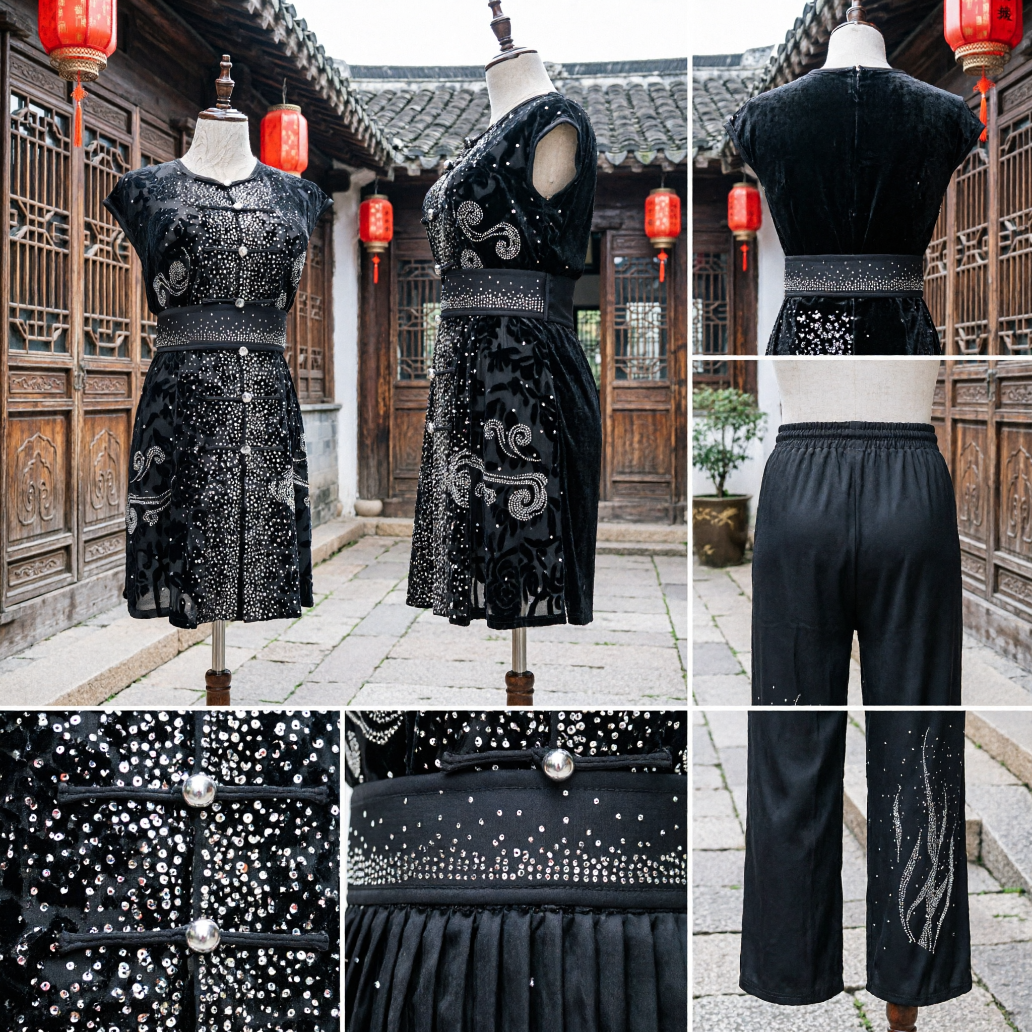 Conjunto de Traje de Danza con Abanico de Piedras Negras Tradicional Chino Uniforme de Artes Marciales para Mujer con Top y Pantalones para Presentaciones - Asian Costume