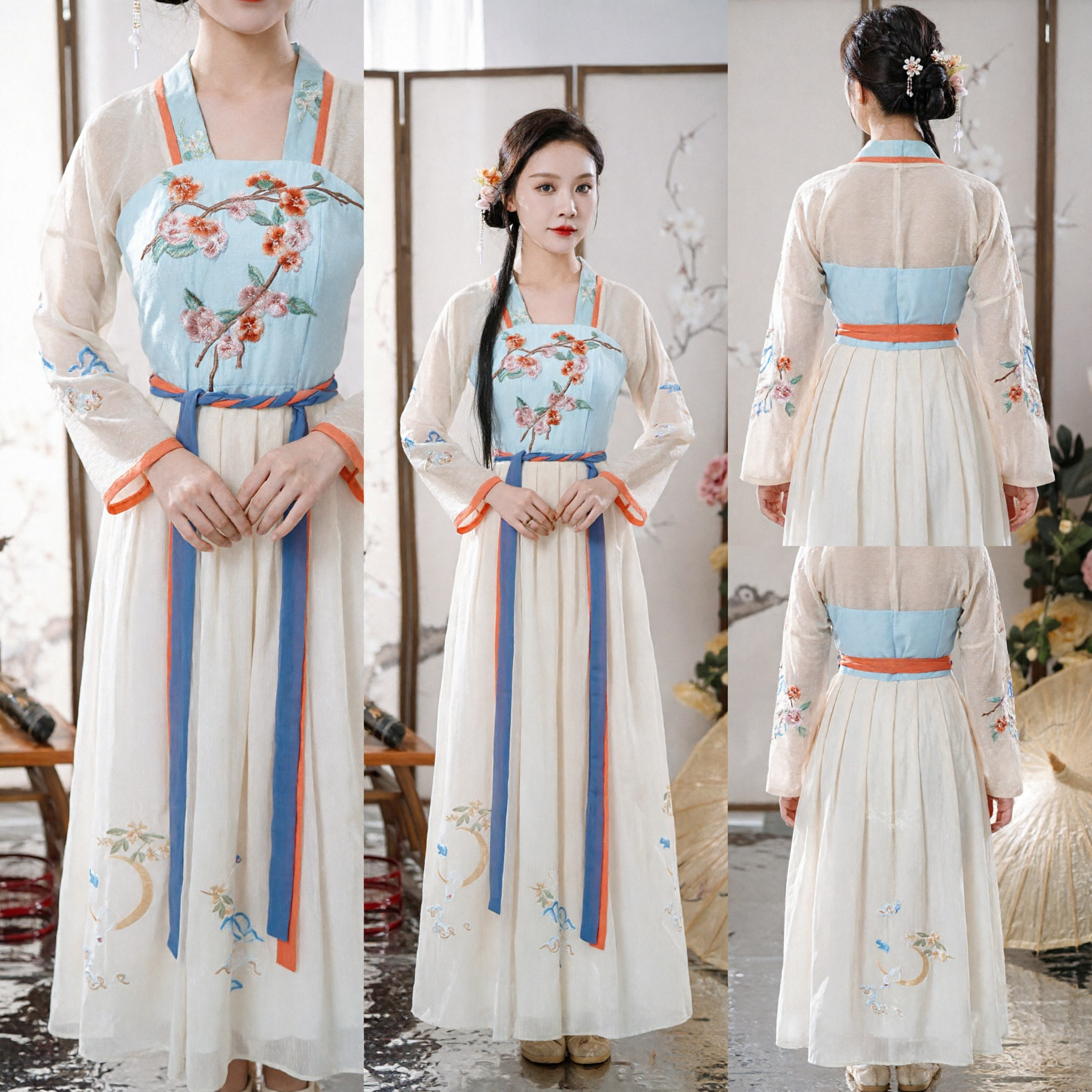 Elegante Set Tradizionale Cinese Hanfu Dinastia Tang Ruqun Ricamato a Fiori Abito da Fata per Donne - Asian Costume