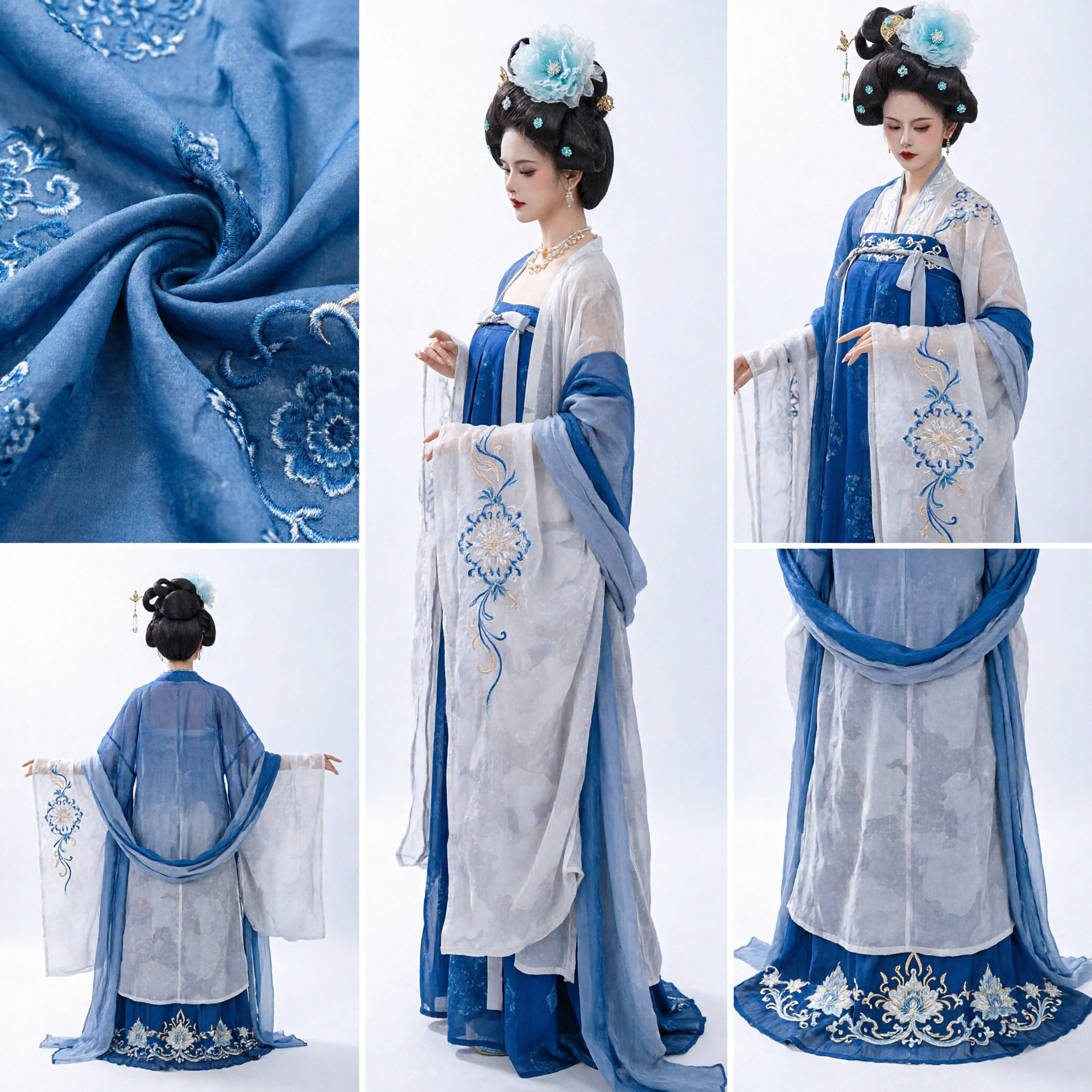 Elegant Traditional Chinese Hanfu Tang Dynasty Blue Gradient Fairy Dress Women Ancient Costume Set - Asian Costume