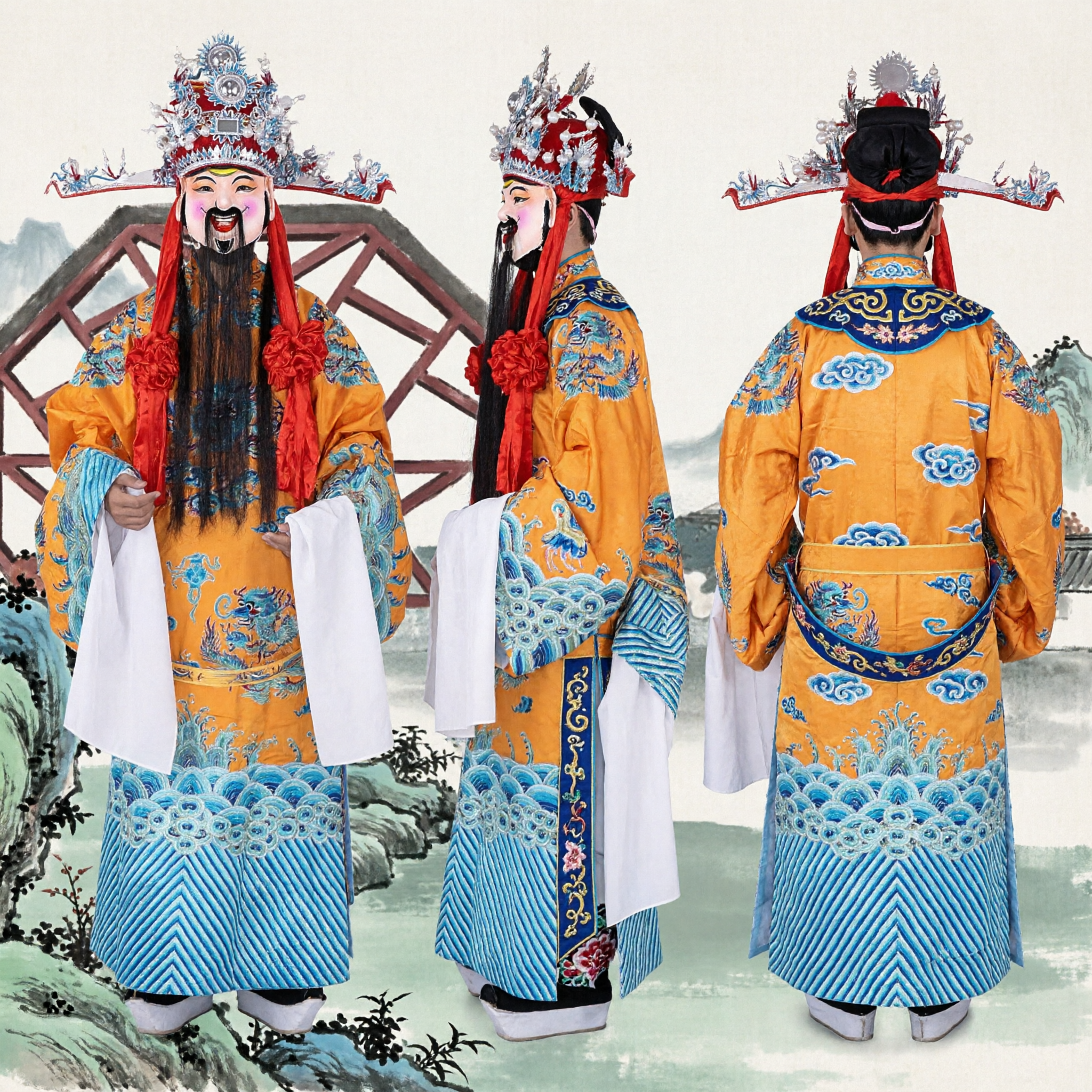 زي أوبرا بكين الصينية التقليدية - رداء أصفر مطرز بتنين كامل للرجال لعروض المسرح - Asian Costume