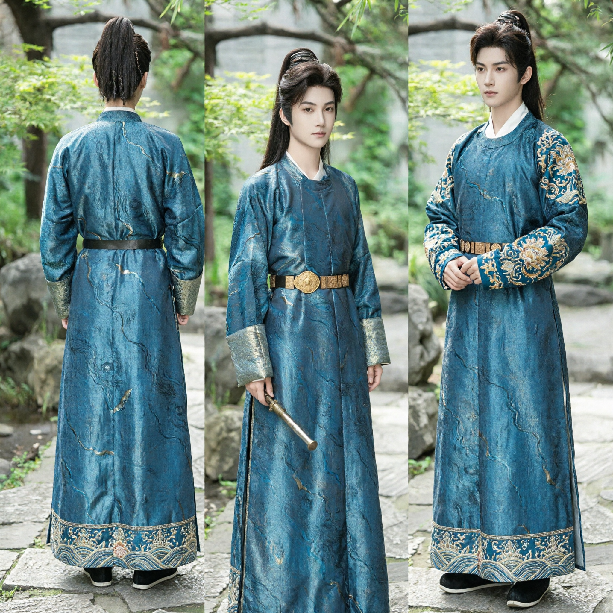 Männer antikes chinesisches blaues Brokat-Hanfu-Kostüm, traditionelles Wuxia-Gelehrtengewand für Cosplay - Asian Costume