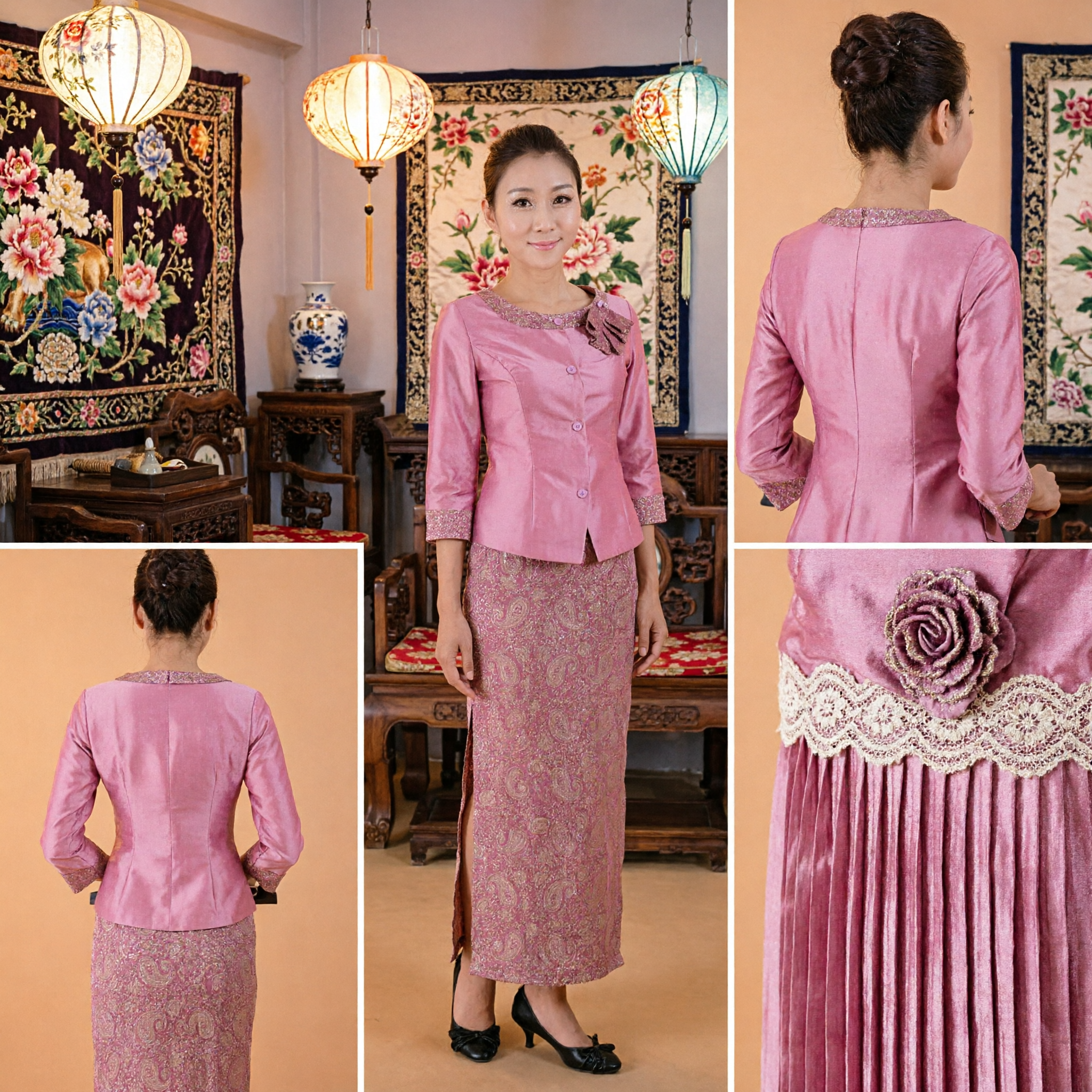Elegante Set Tradizionale Thai in Seta Rosa con Blusa e Gonna Sinh a Paisley per Uniforme da Hostess di Spa - Asian Costume