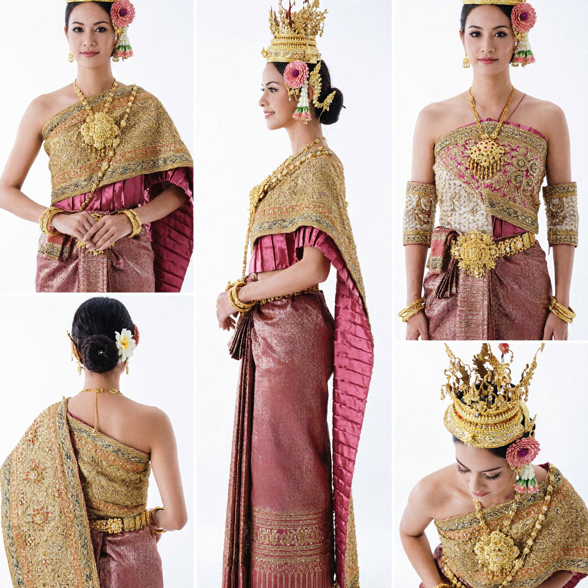 Luxuriöses traditionelles thailändisches Tanzkostüm für Frauen mit goldener Krone, besticktem Schultertuch und Seidenrock - Asian Costume