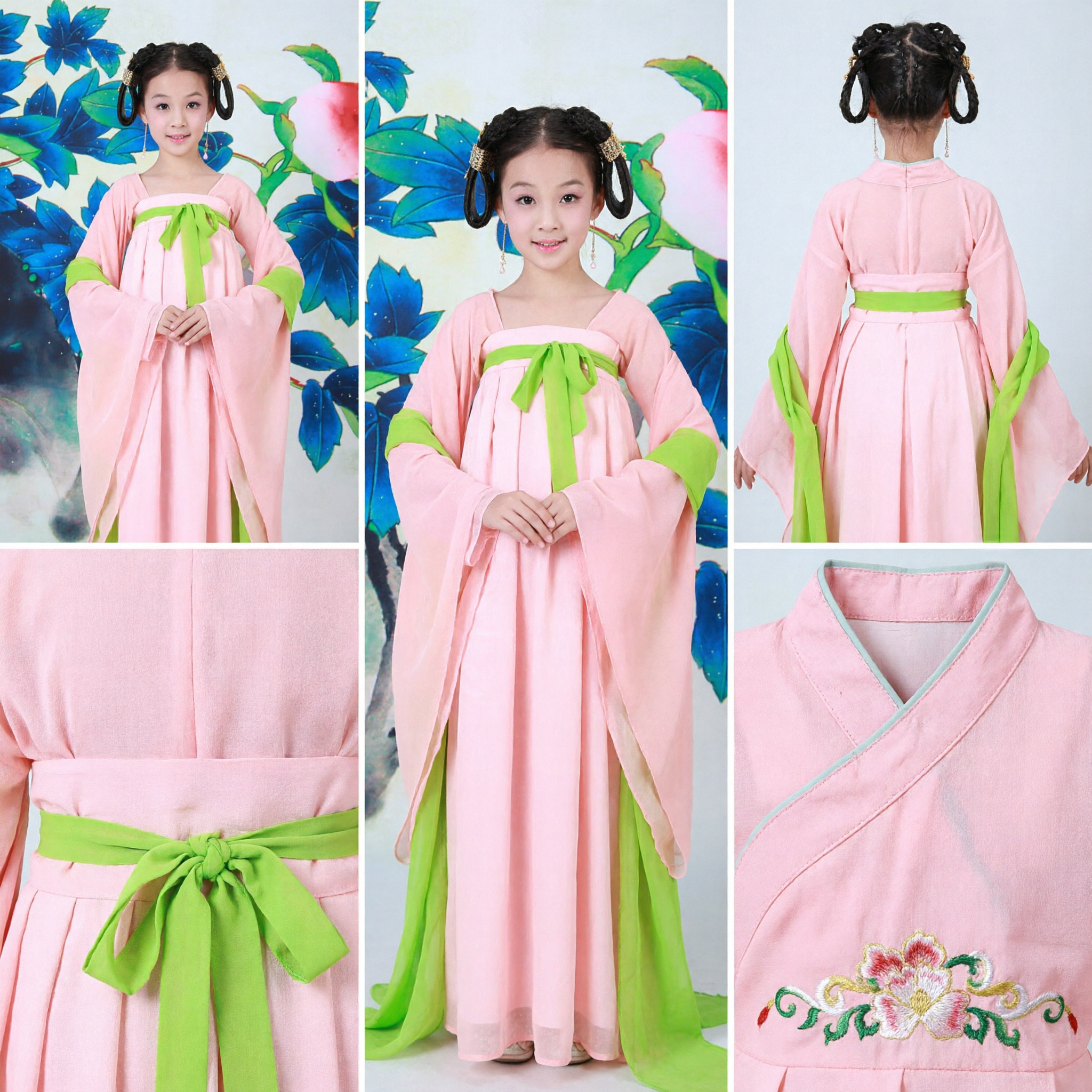 Rosa-grünes Tang-Dynastie-Hanfu für Kinder, traditionelles chinesisches antikes Kostümkleid für Mädchenaufführungen - Asian Costume