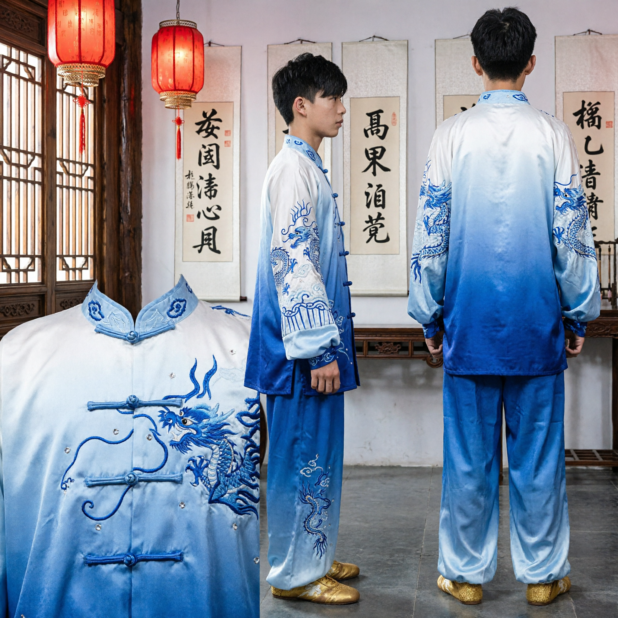 Uniforme de Kung Fu para Hombres con Bordado de Dragón Azul Degradado Traje Tradicional de Seda Tai Chi Wushu para Presentaciones - Asian Costume