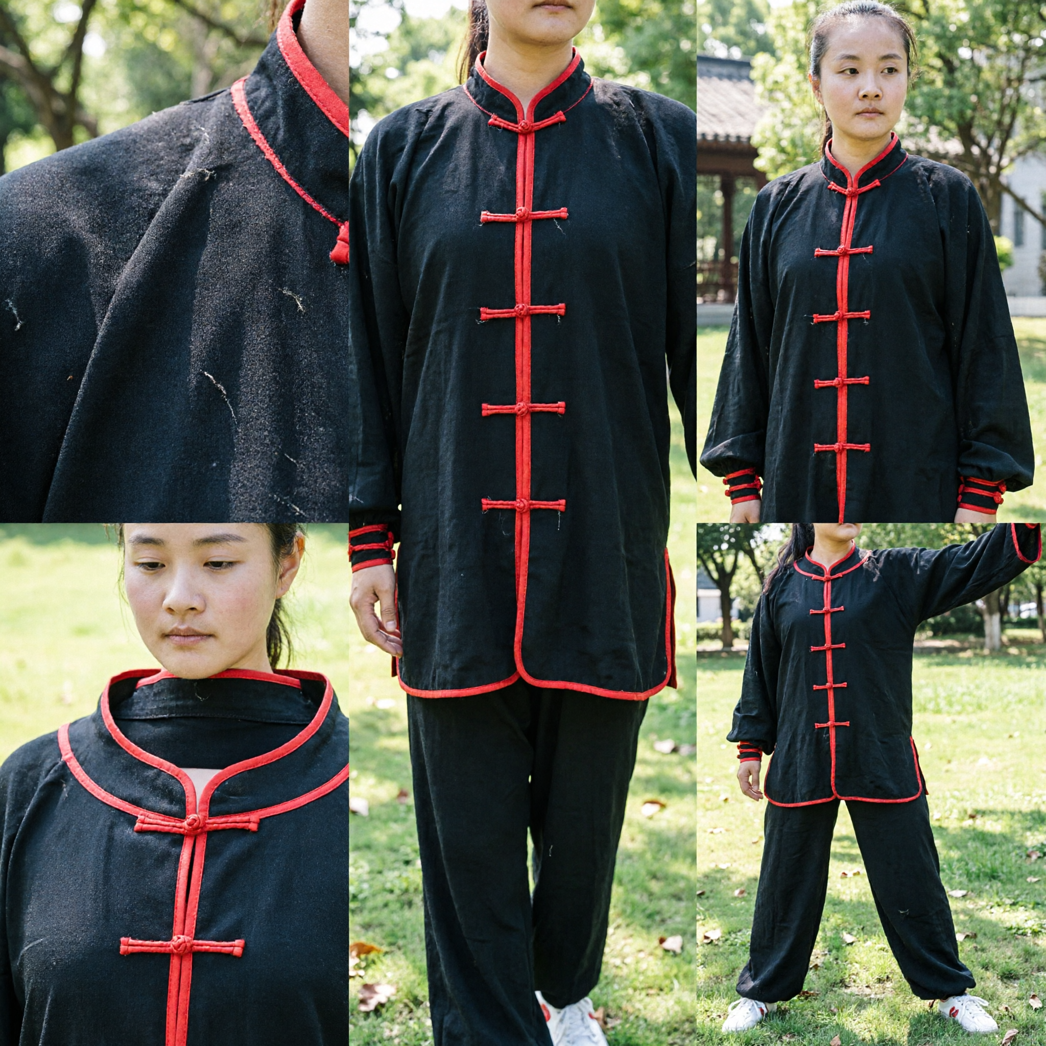 Damski tradycyjny czarny strój Tai Chi, kombinezon kung fu z czerwonym obszyciem do praktyki sztuk walki - Asian Costume
