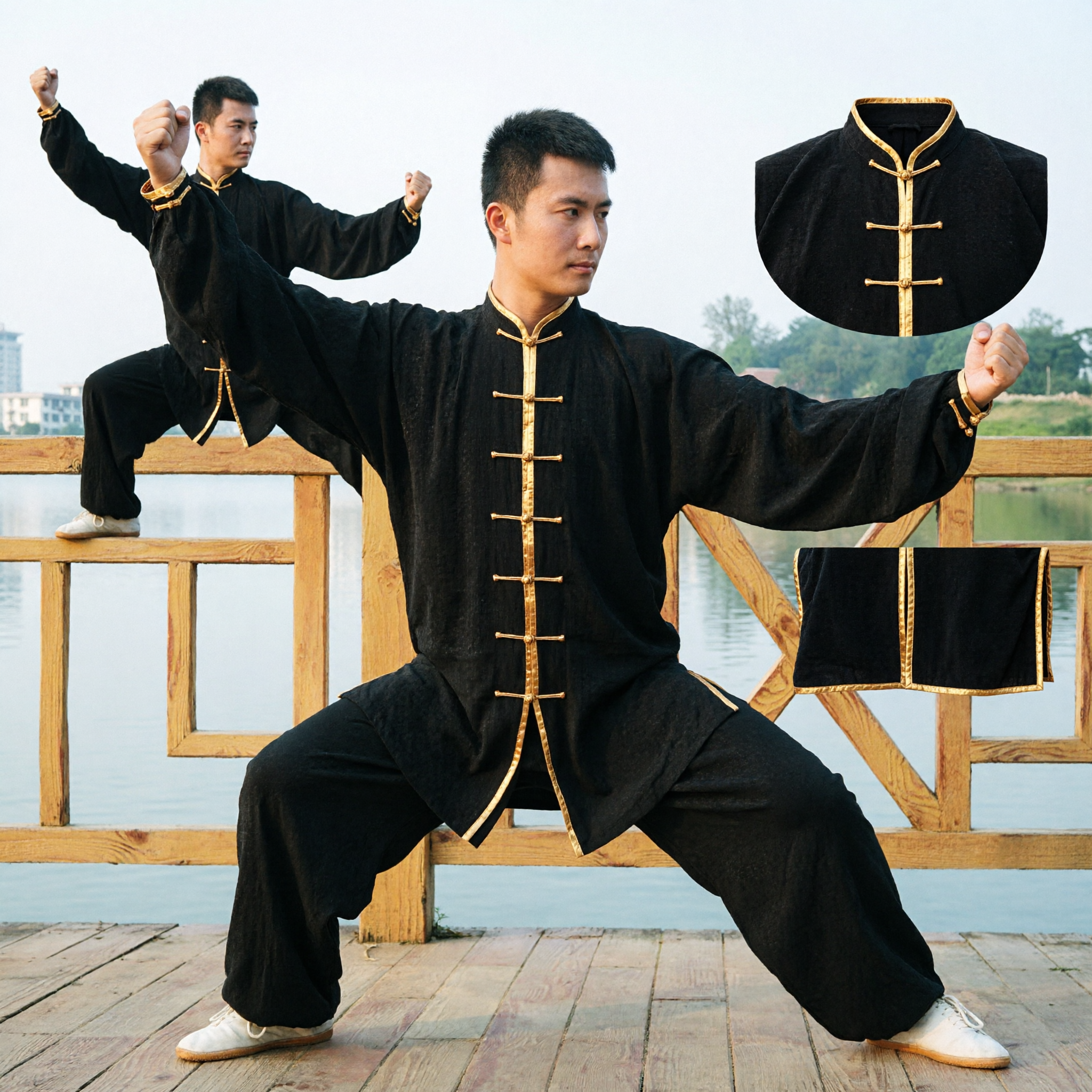 Mannen Traditioneel Kung Fu Uniform Zwart Martial Arts Tai Chi Pak met Gouden Knoopsluiting voor Beoefening - Asian Costume