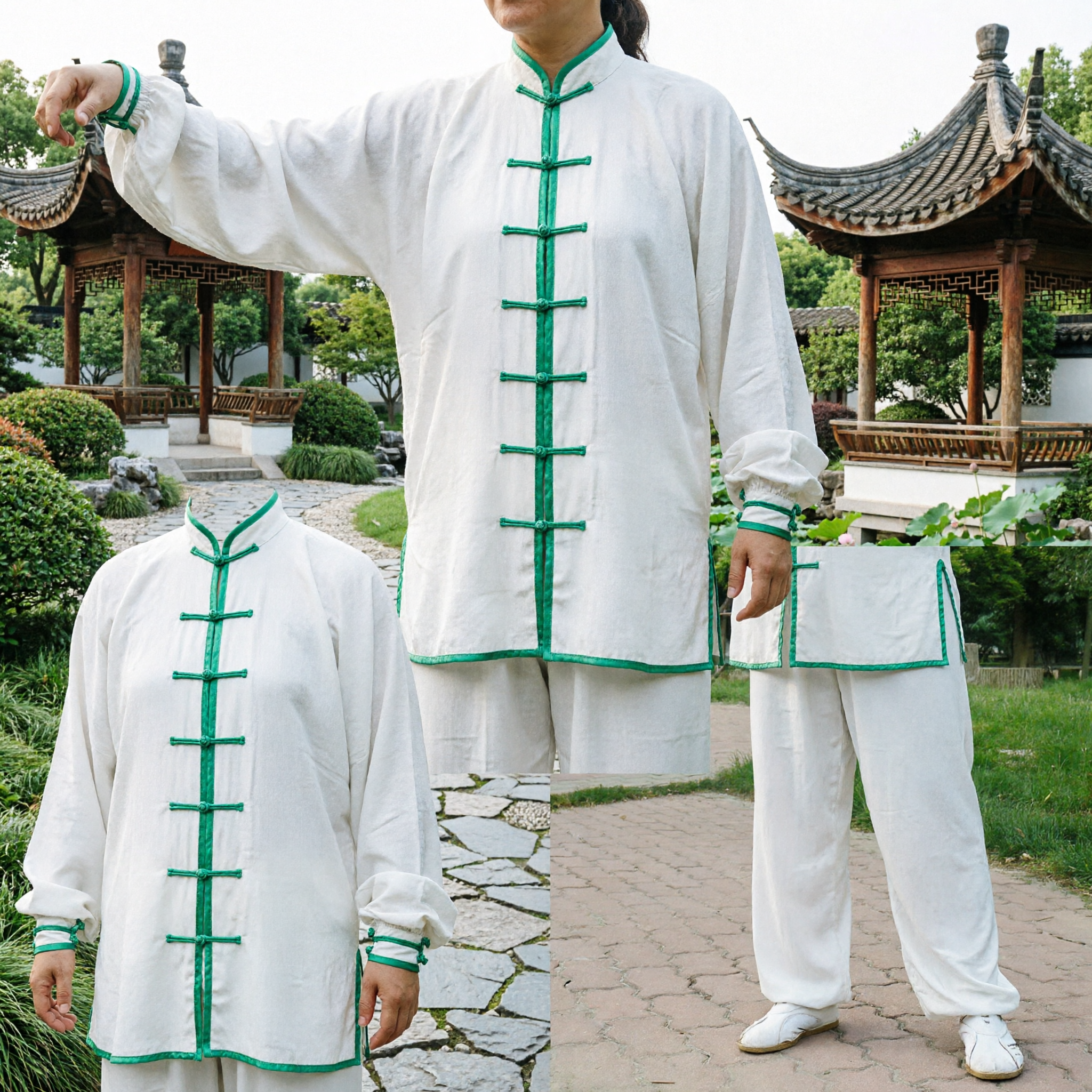 Wit Tai Chi Uniform voor Vrouwen met Groene Afzetting Traditioneel Kung Fu Pak voor Martial Arts Beoefening - Asian Costume