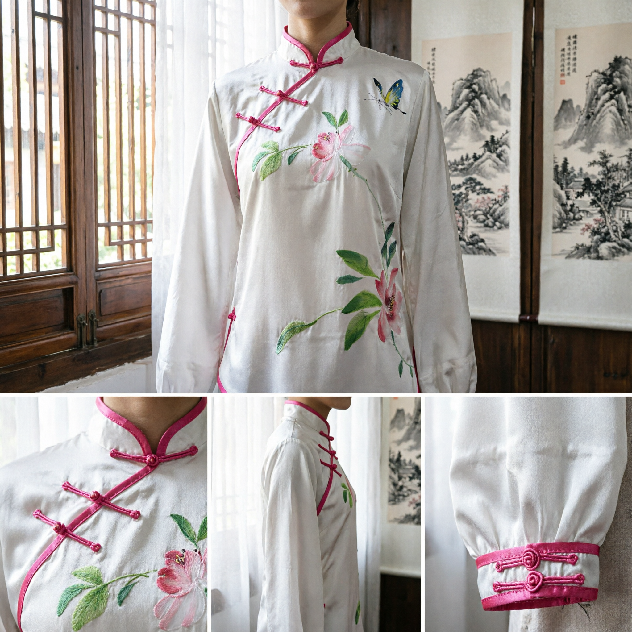 Elegante Conjunto de Pijama Tradicional Chino de Seda para Mujer Top de Manga Larga y Pantalón con Estampado Floral Ropa de Hogar - Asian Costume